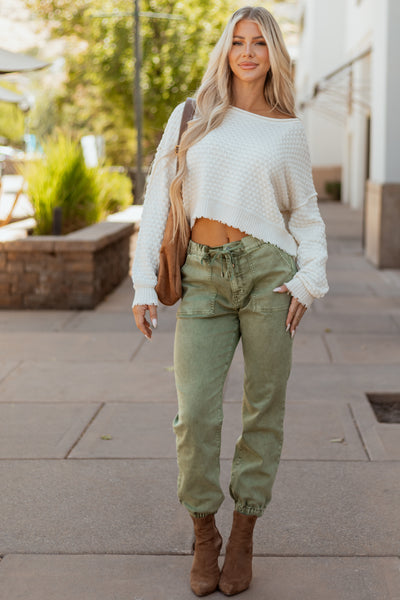 Cream Soft Textured Knit Round Neck Boxy Sweater