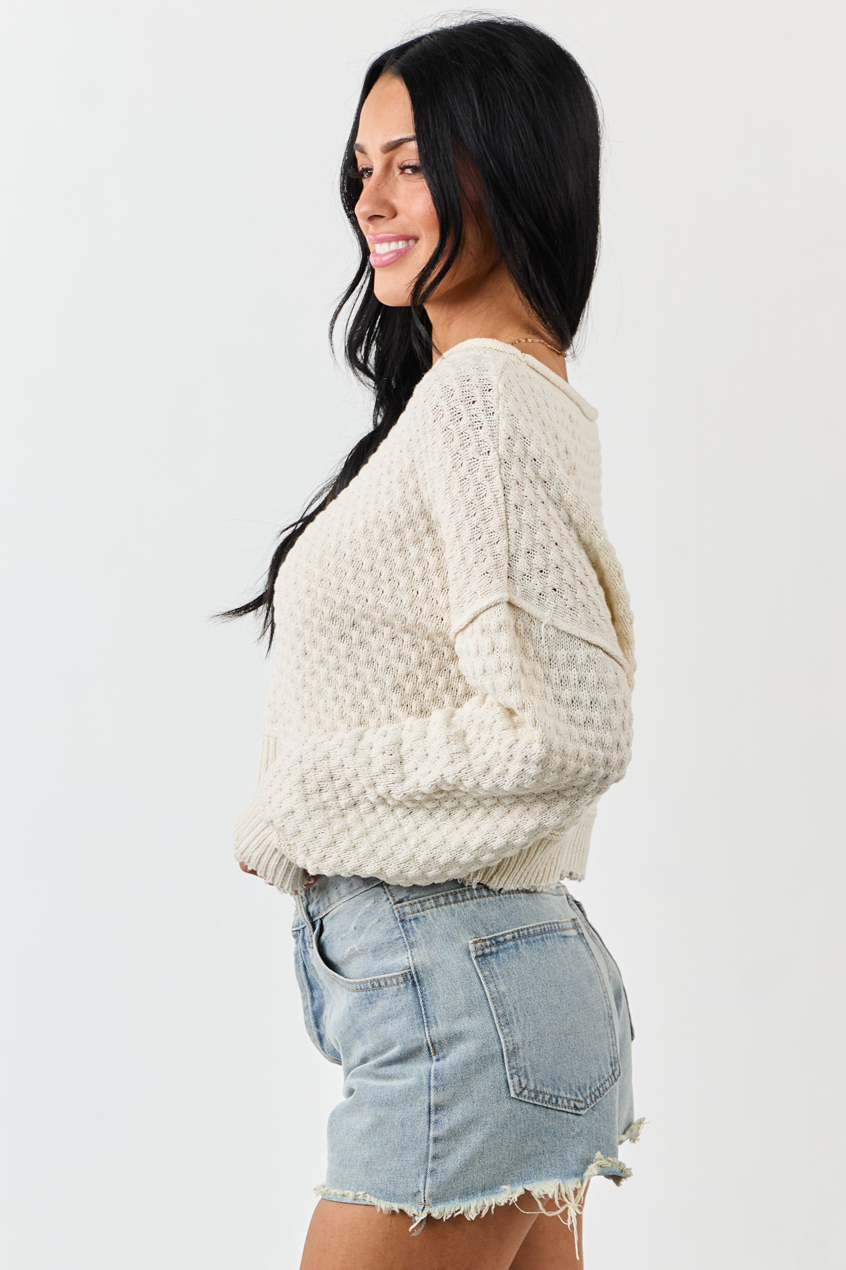 Cream Soft Textured Knit Round Neck Boxy Sweater