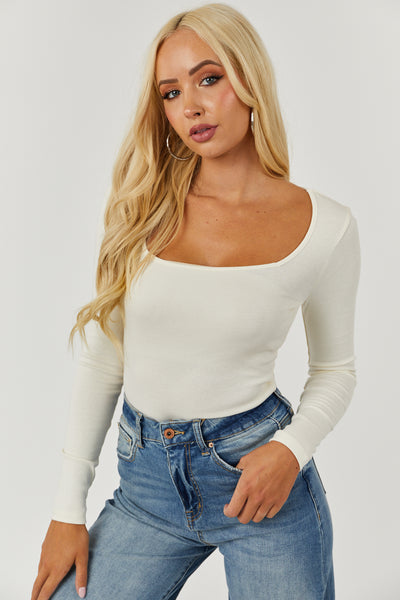Cream Square Neck Long Sleeve Fitted Knit Top