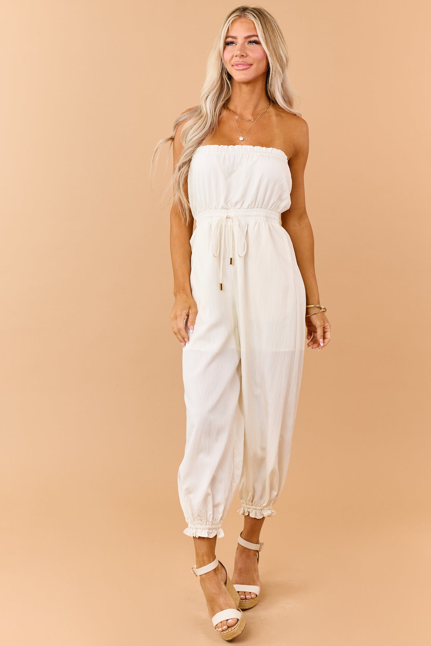 Cream Strapless Balloon Leg Ruffle Trim Jumpsuit