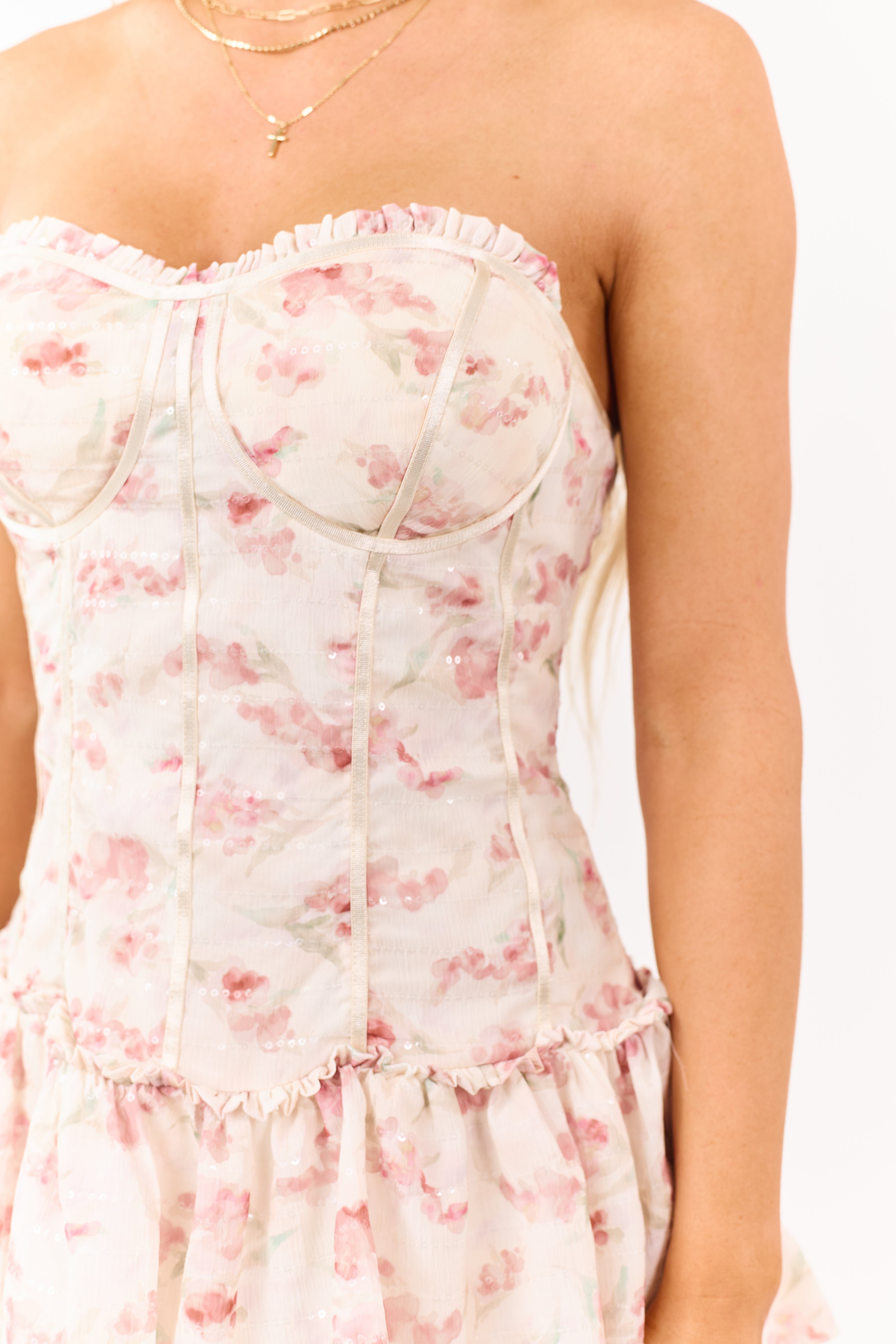 Cream Strapless Floral Print Sequined Tiered Mini Dress