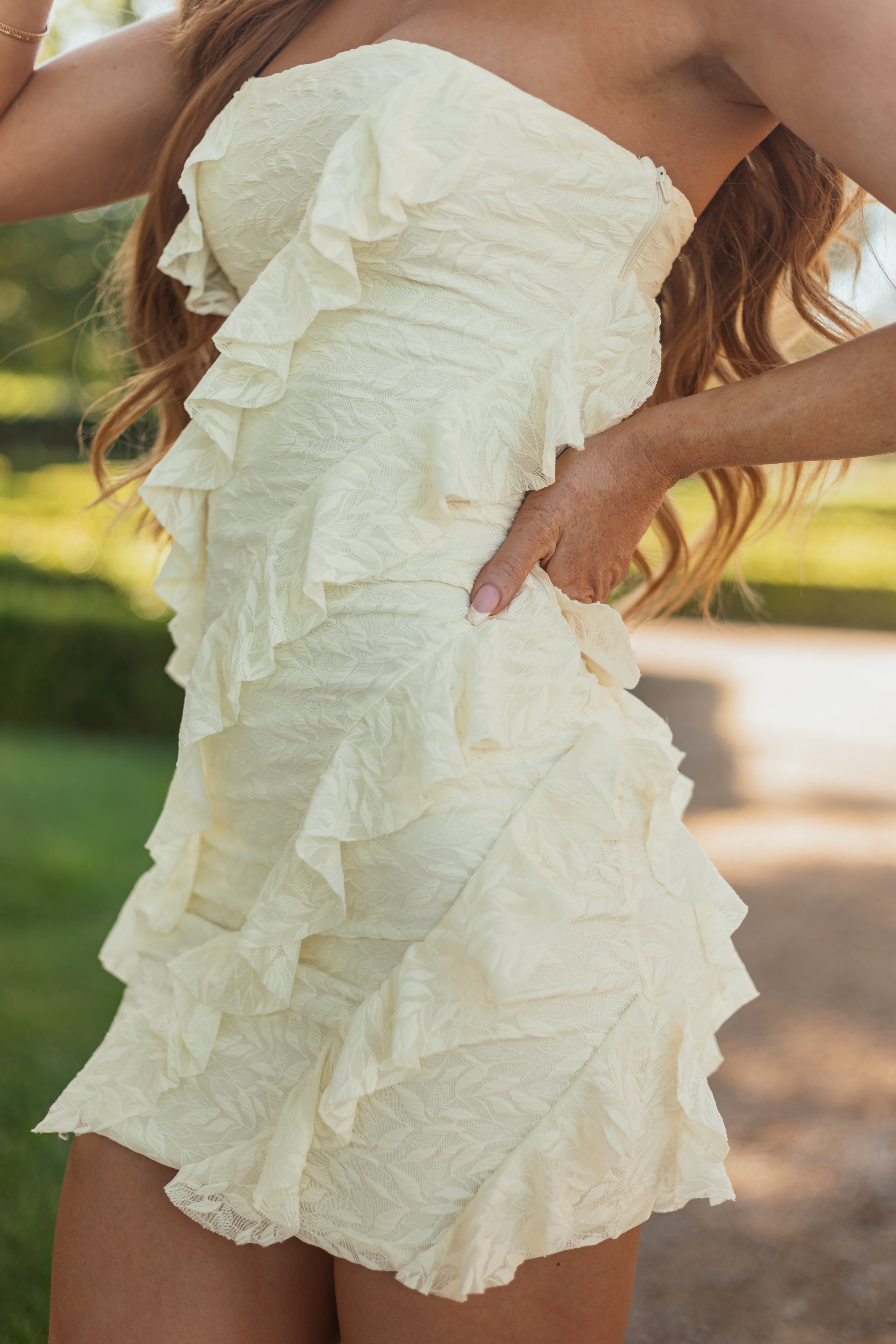 Cream Strapless Tiered Ruffle Lace Mini Dress