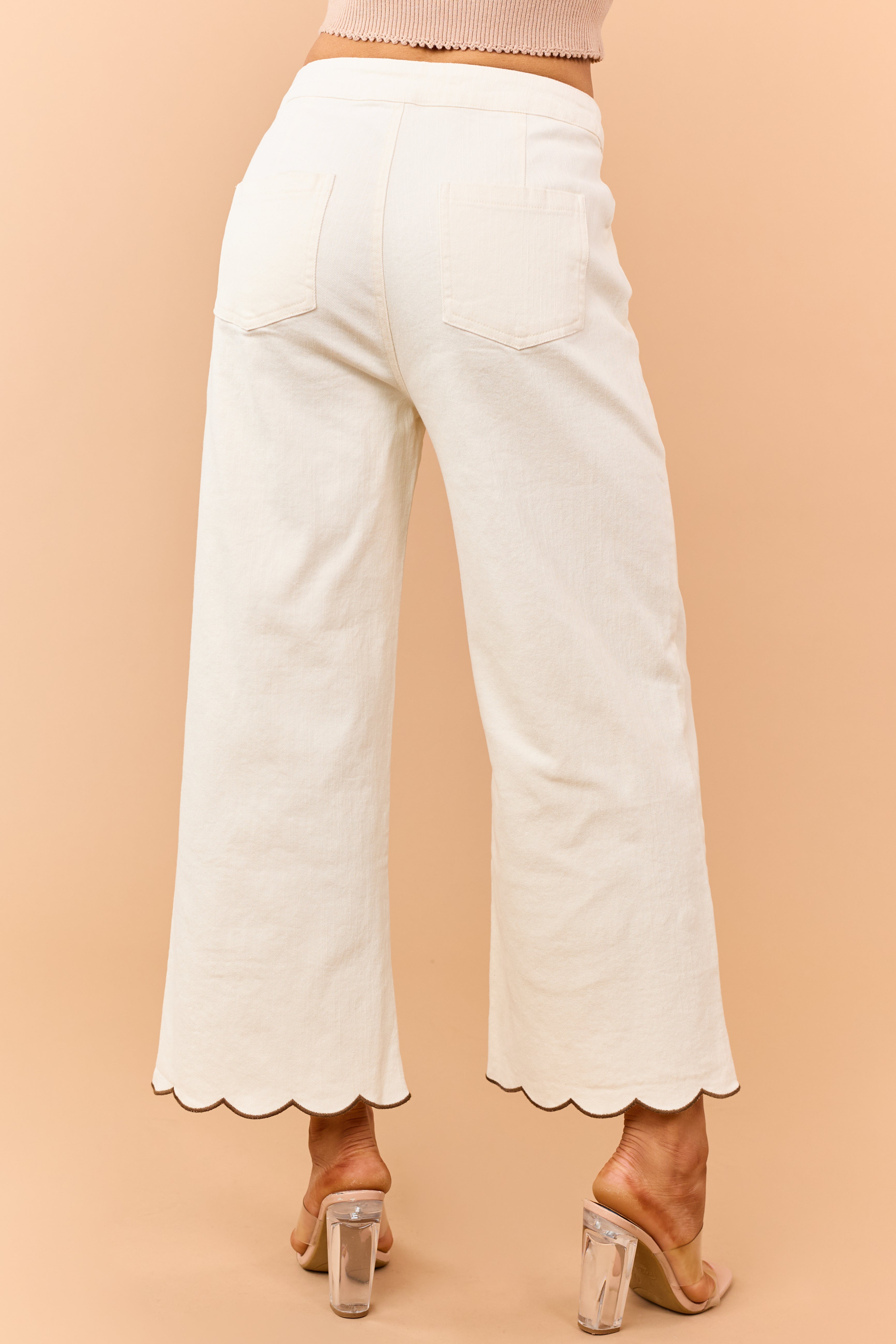 Cream Stretchy Floral Embroidered Straight Jeans