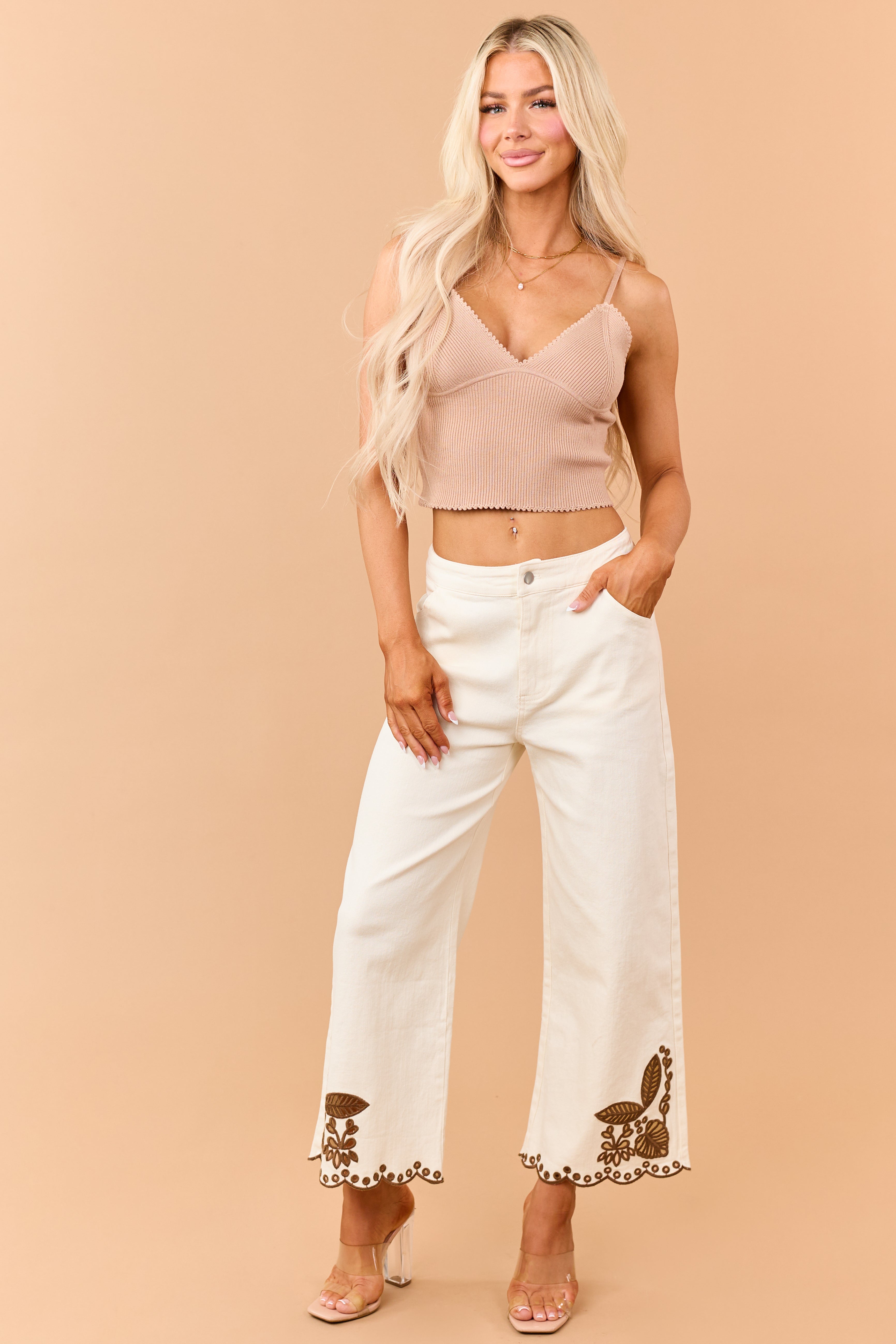 Cream Stretchy Floral Embroidered Straight Jeans