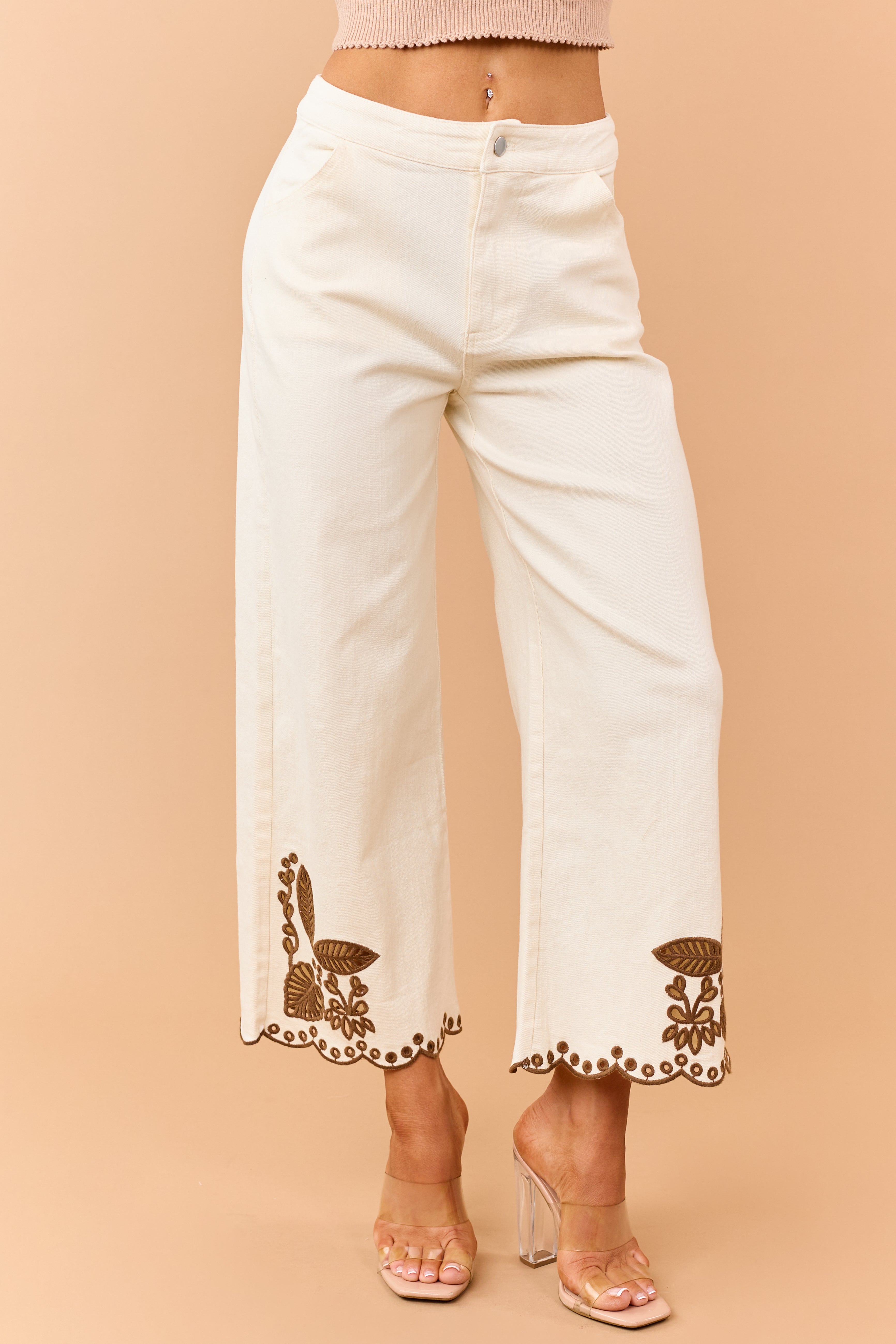 Cream Stretchy Floral Embroidered Straight Jeans