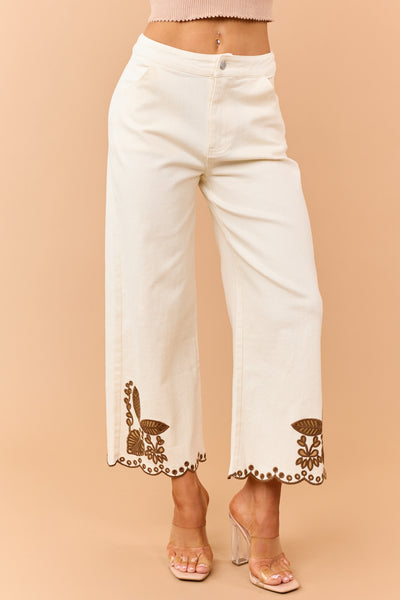 Cream Stretchy Floral Embroidered Straight Jeans