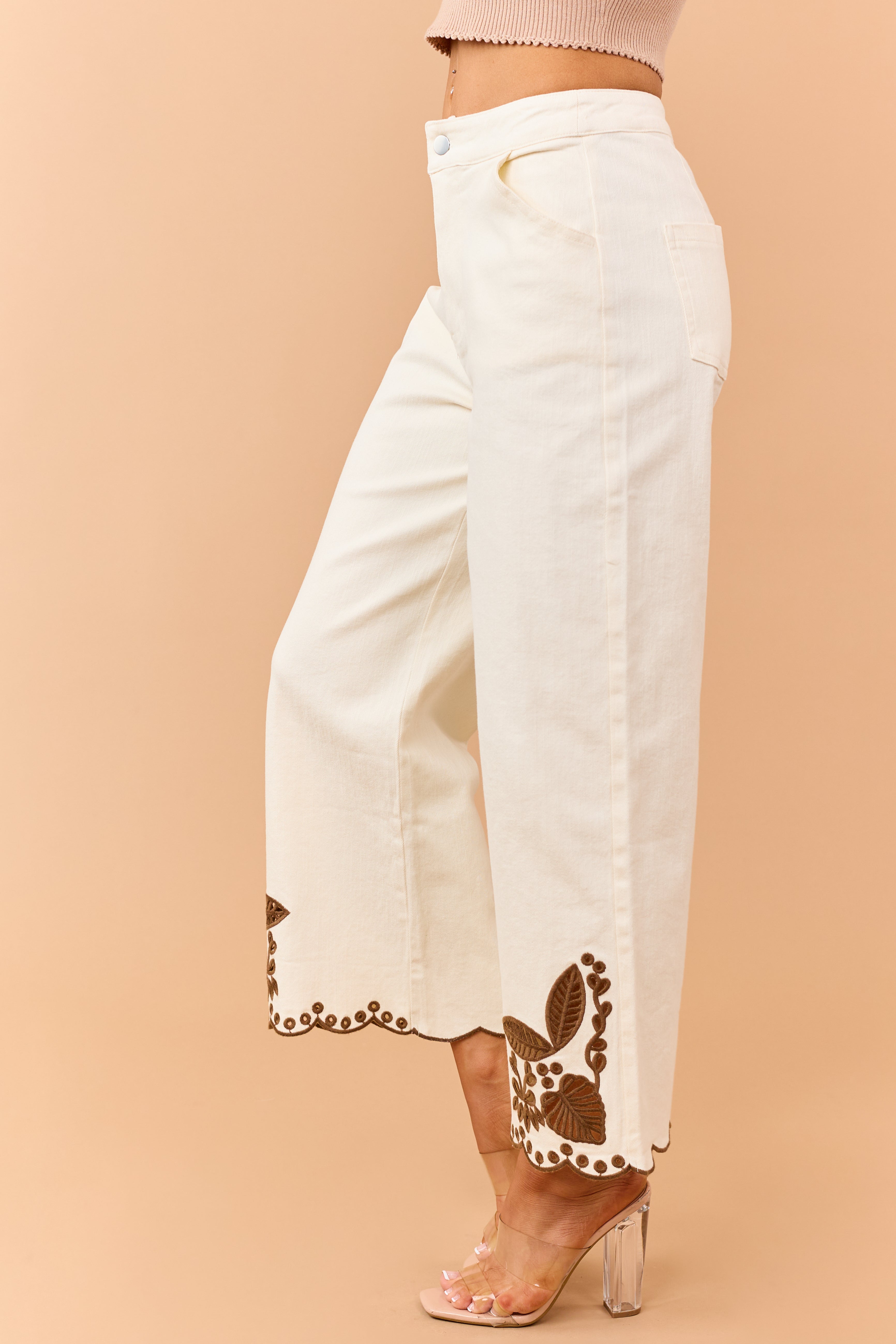 Cream Stretchy Floral Embroidered Straight Jeans