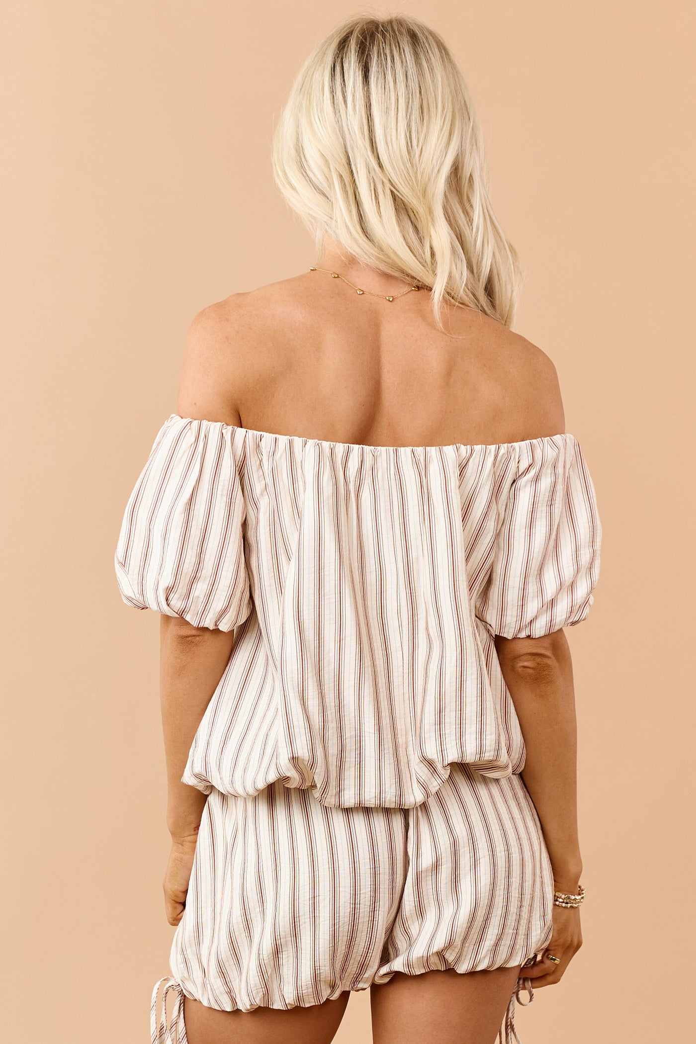 Cream Striped Bubble Hem Off Shoulder Top