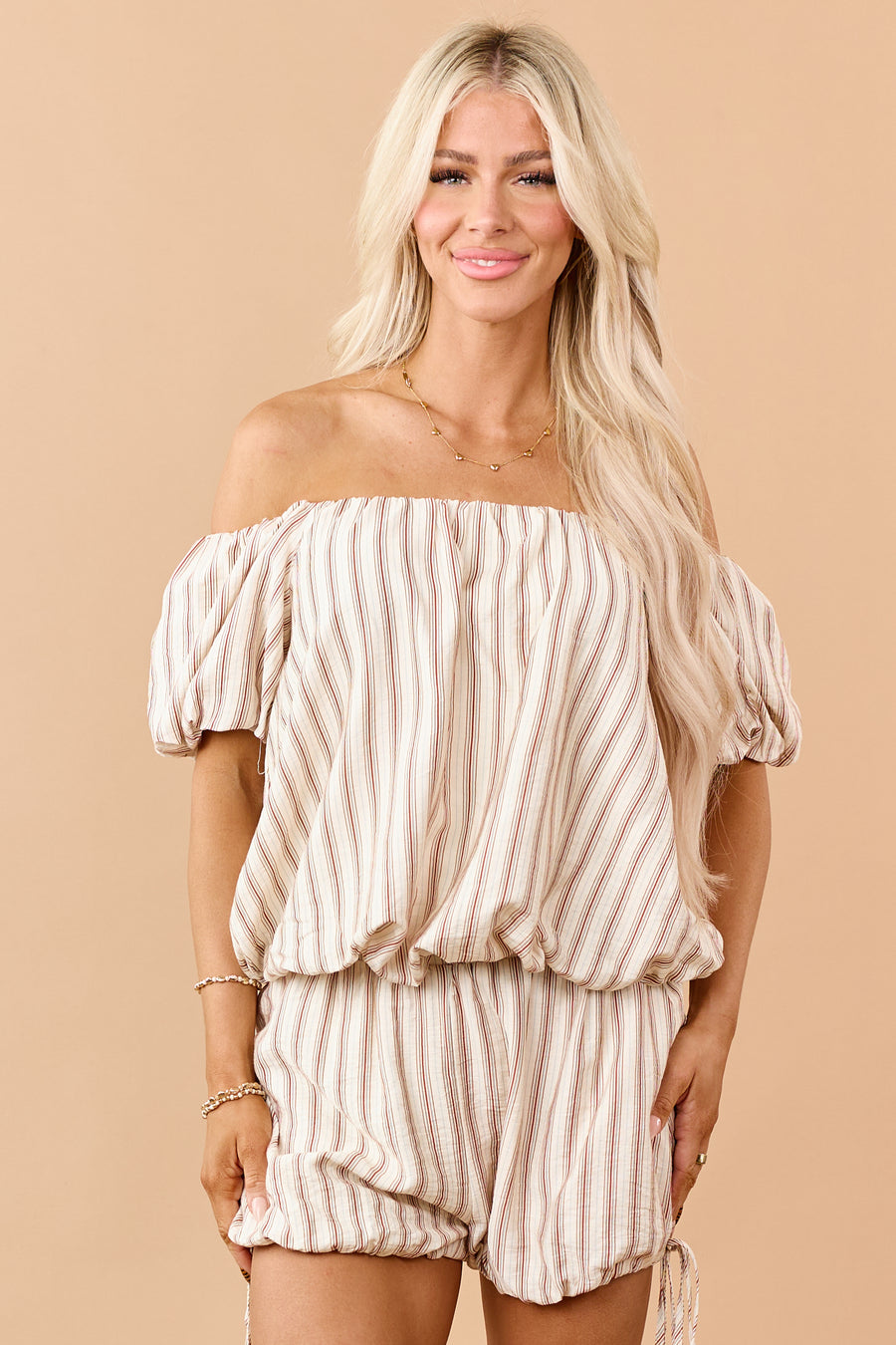Cream Striped Bubble Hem Off Shoulder Top