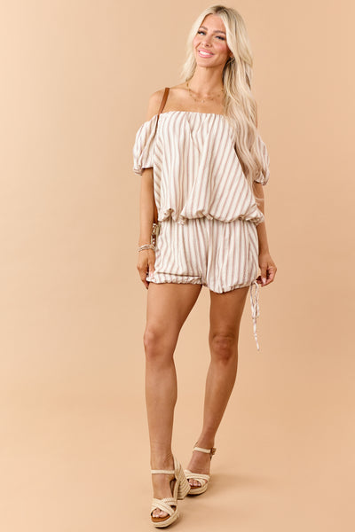 Cream Striped Bubble Hem Off Shoulder Top