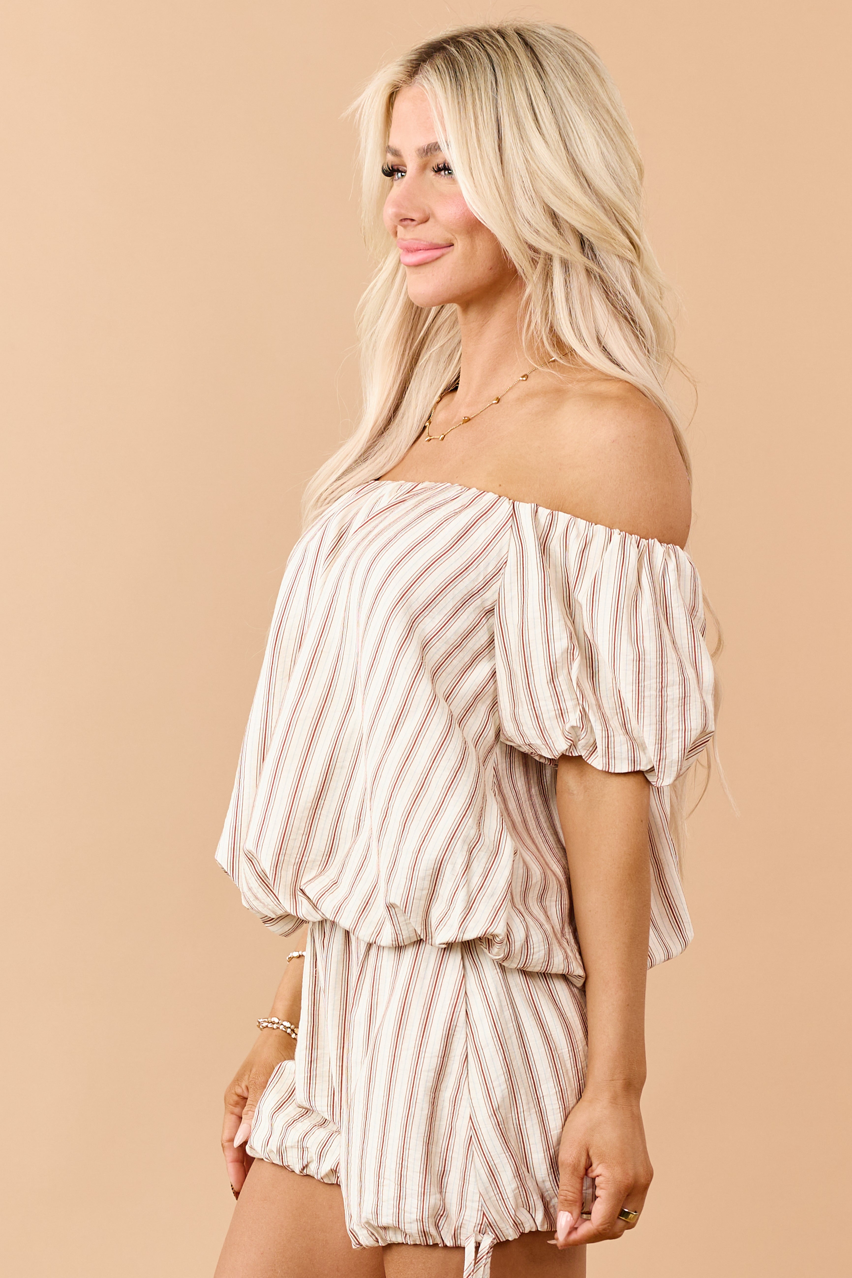Cream Striped Bubble Hem Off Shoulder Top