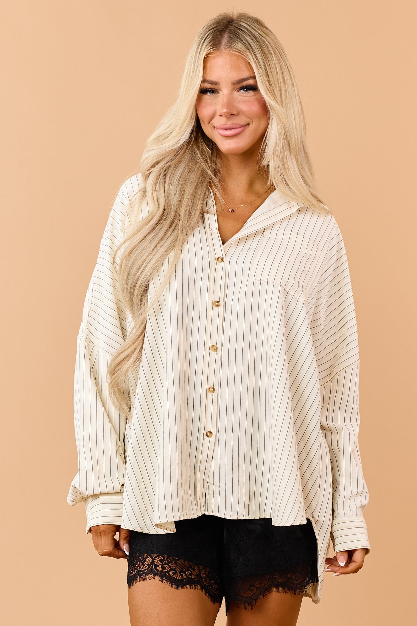 Cream Striped Button Up Long Sleeve Relaxed Shirt