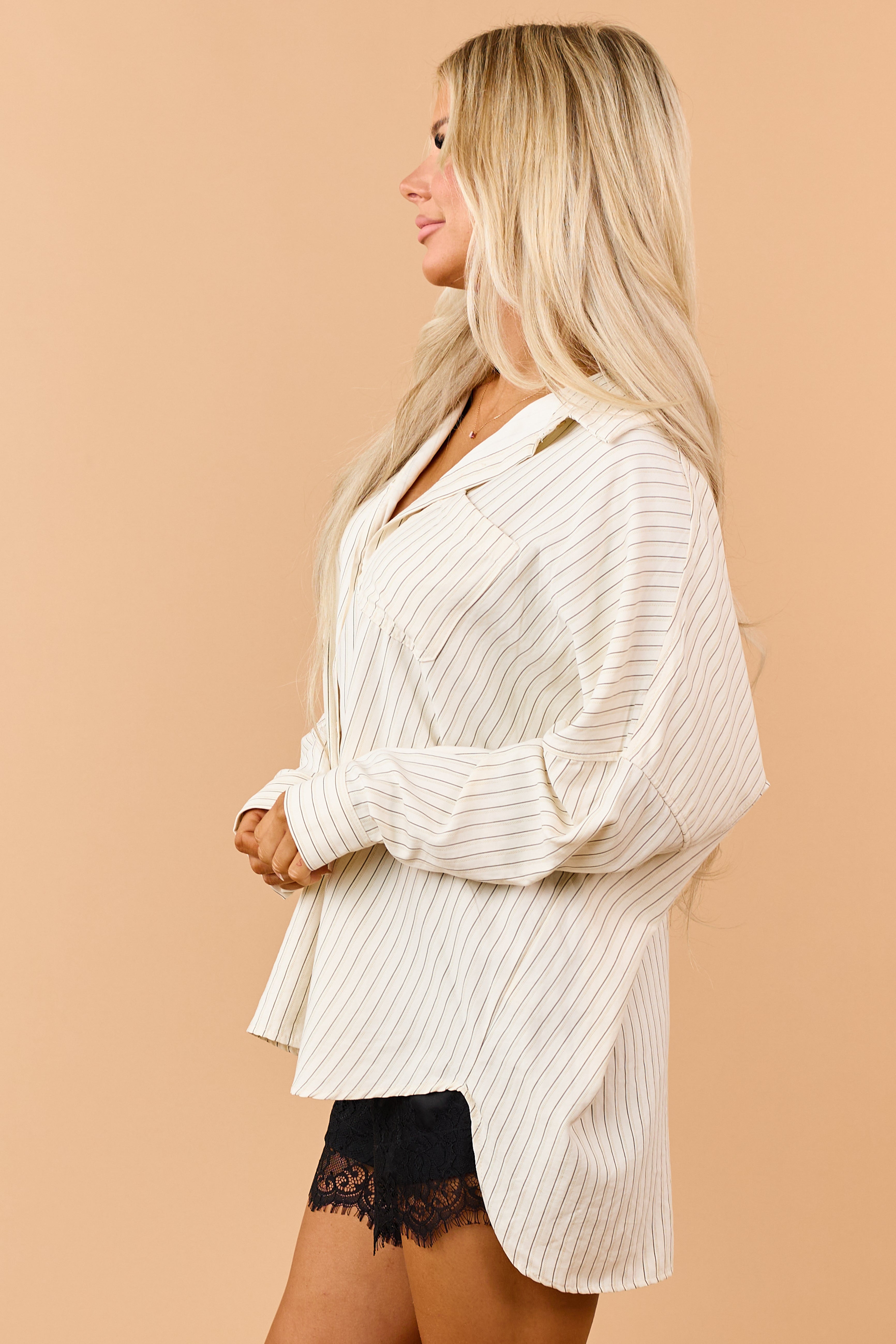 Cream Striped Button Up Long Sleeve Relaxed Shirt