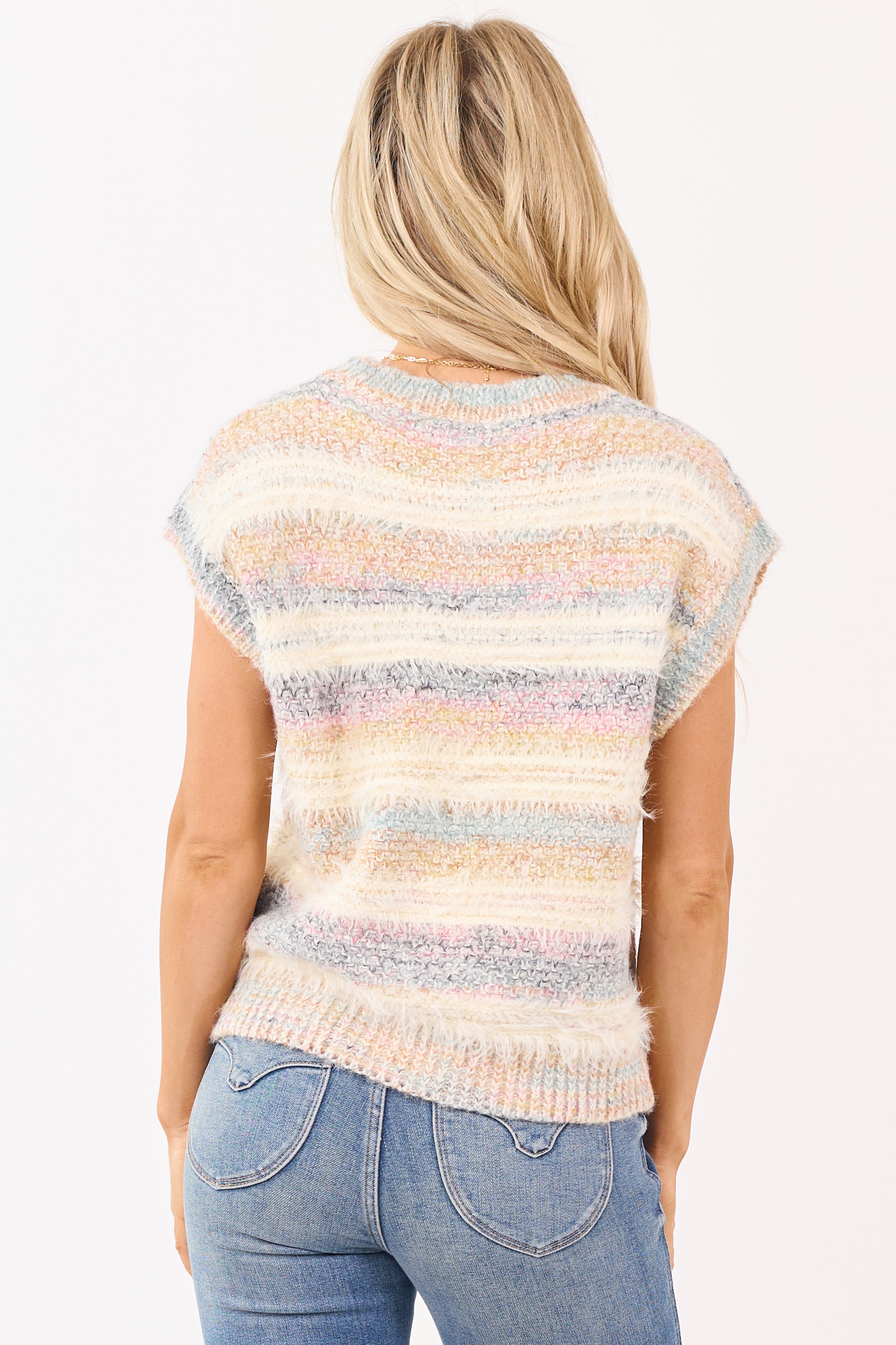 Cream Striped Fuzzy Short Sleeve Sweater Top