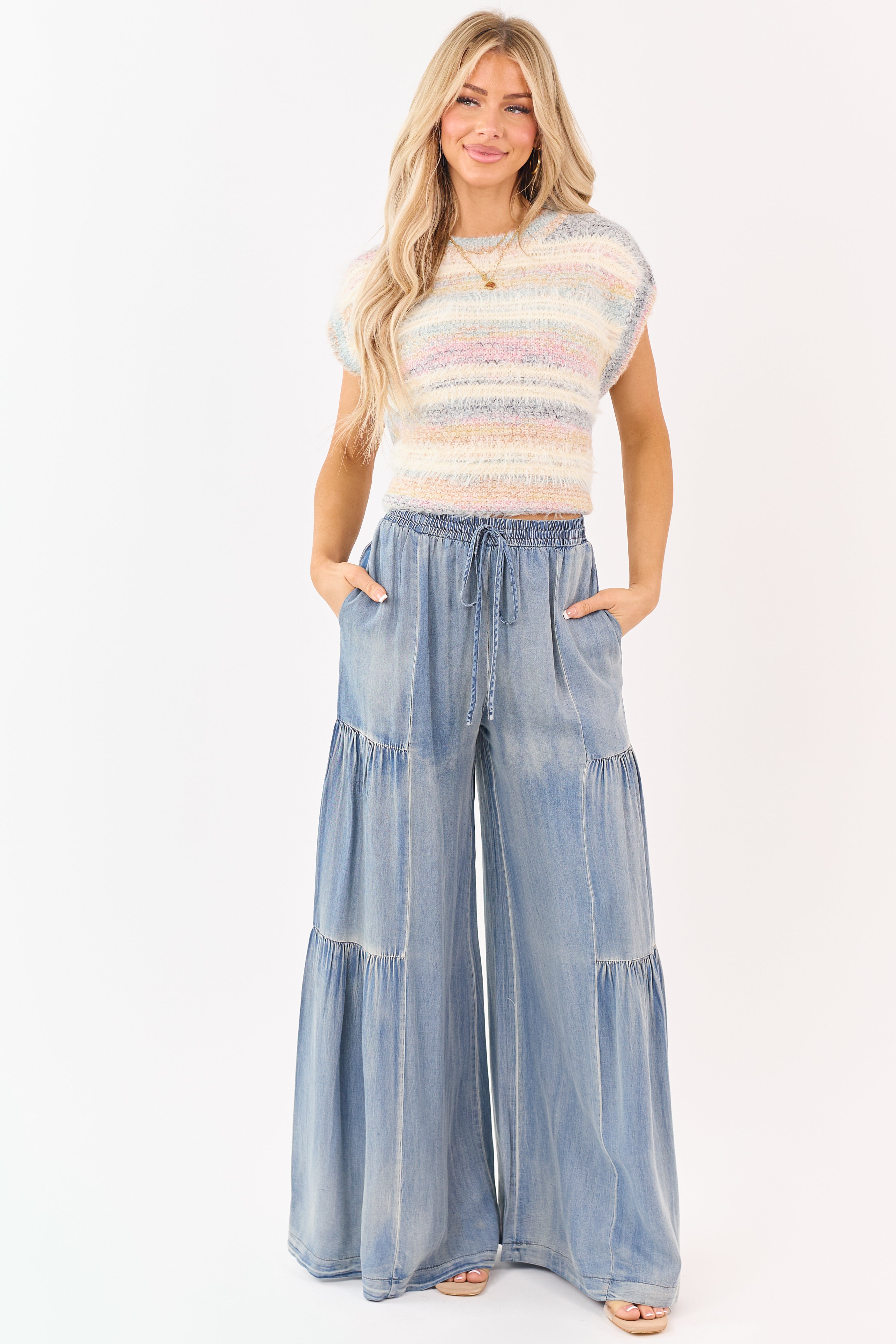 Cream Striped Fuzzy Short Sleeve Sweater Top