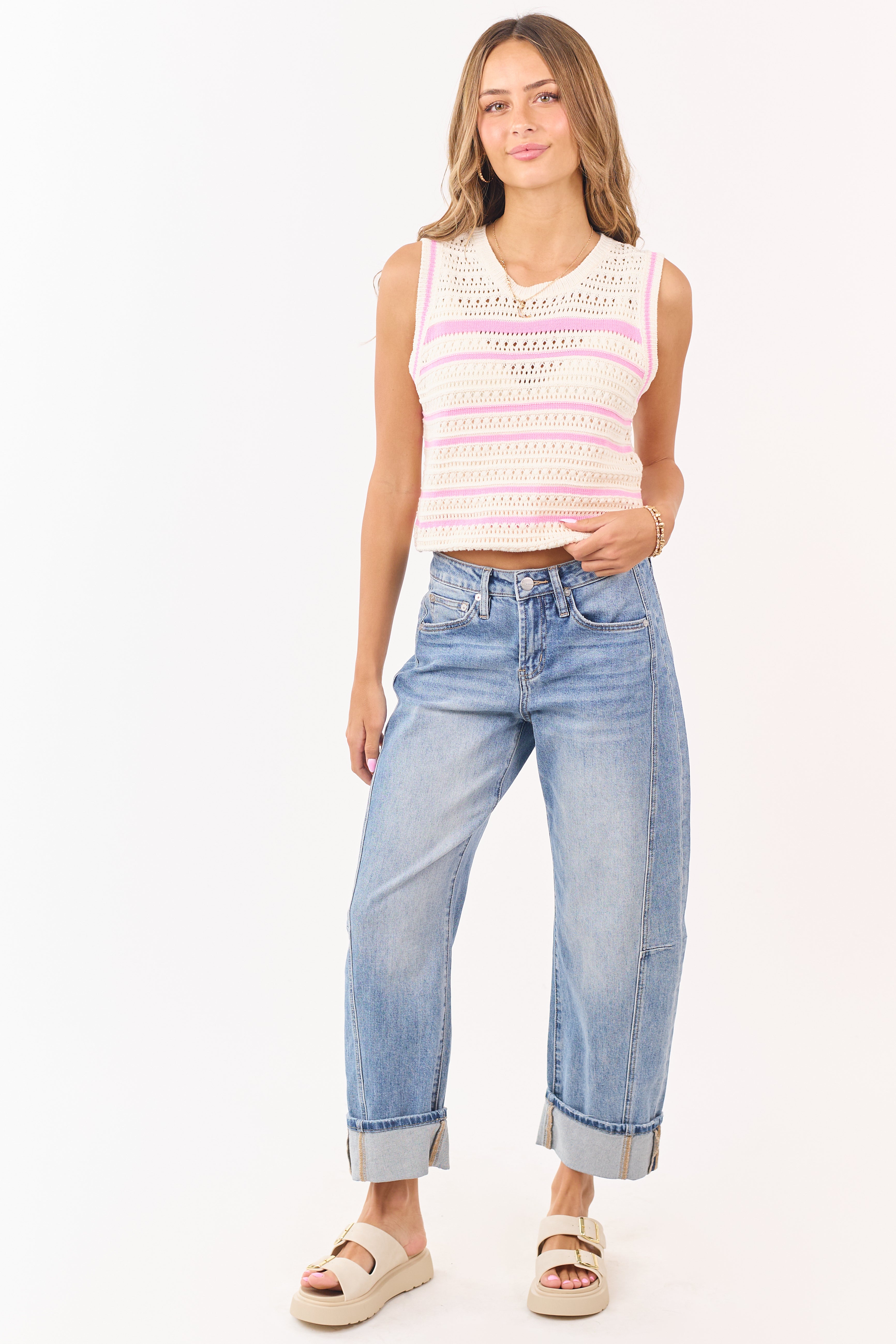 Cream Striped Pointelle Crochet Tank Top