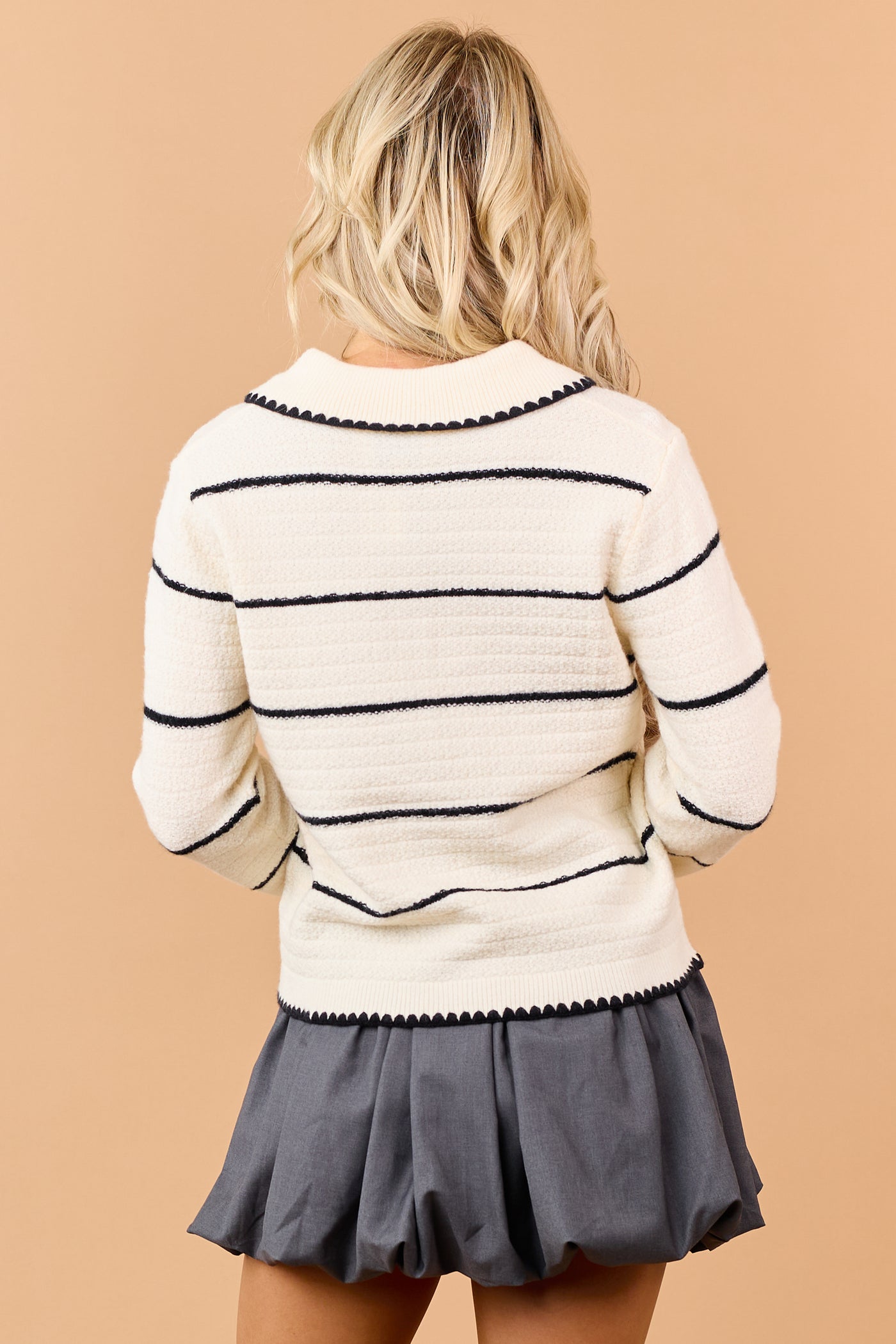 Cream Striped Ribbed Trim Button Down Cardigan