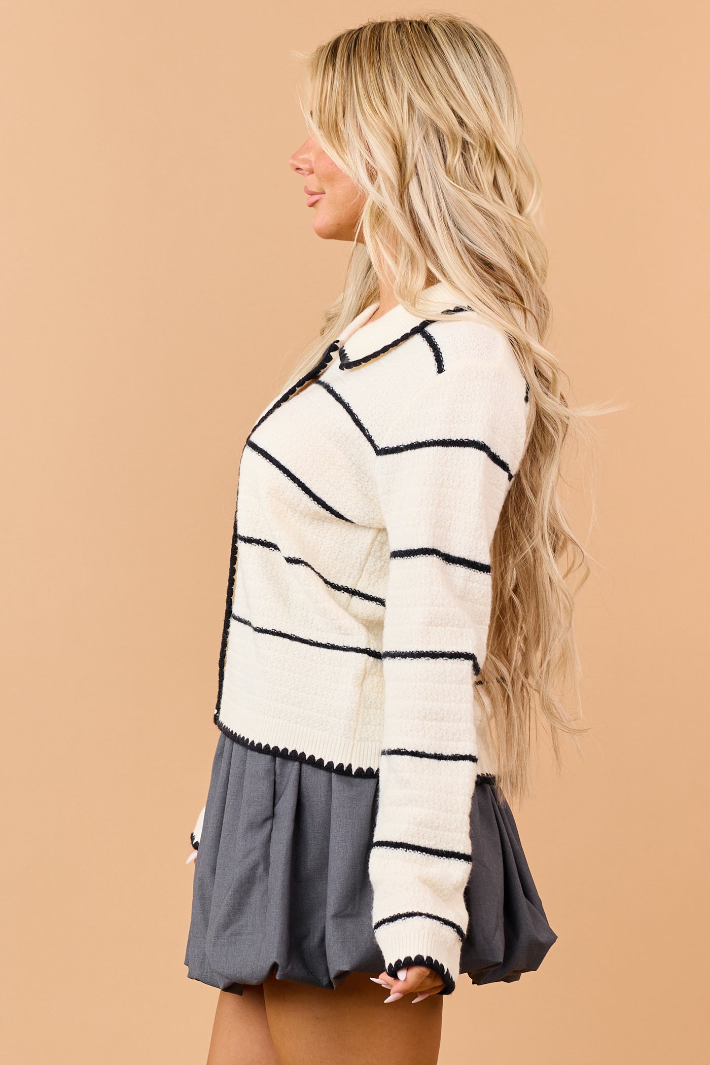 Cream Striped Ribbed Trim Button Down Cardigan