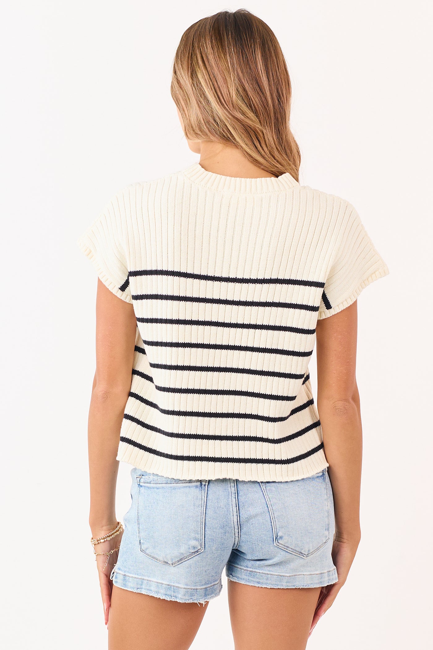 Cream Striped Short Sleeve Ribbed Cotton Sweater Top
