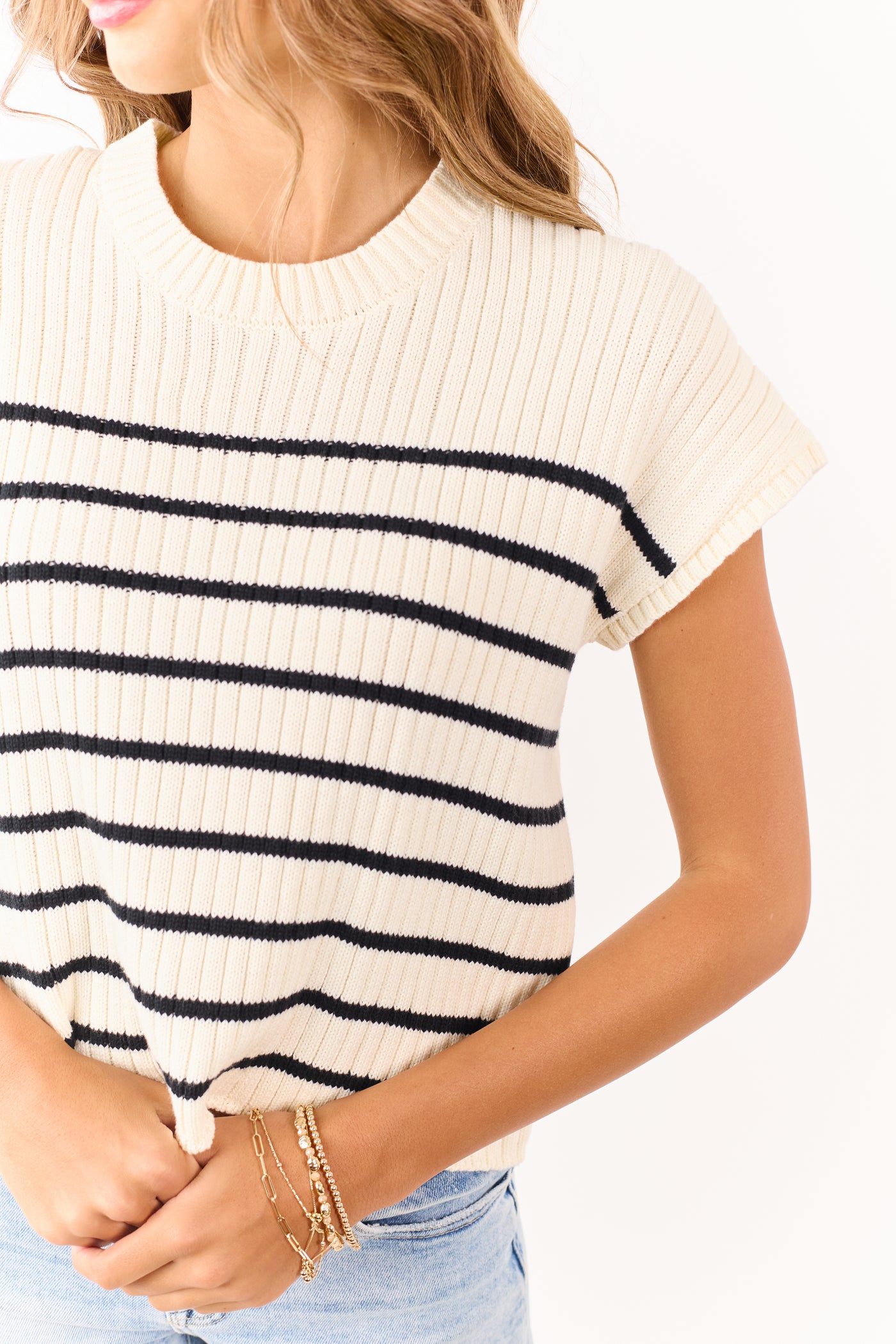 Cream Striped Short Sleeve Ribbed Cotton Sweater Top