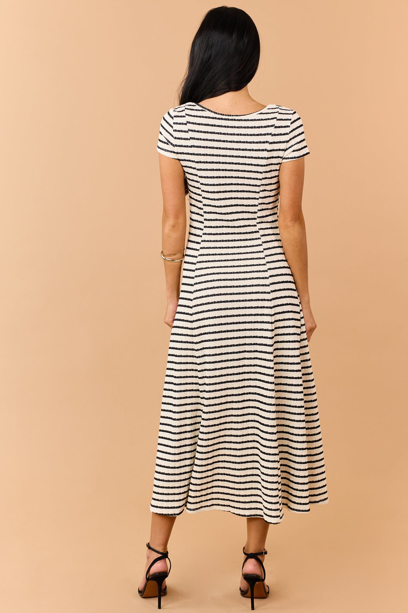 Cream Striped Textured Knit Faux Button Midi Dress