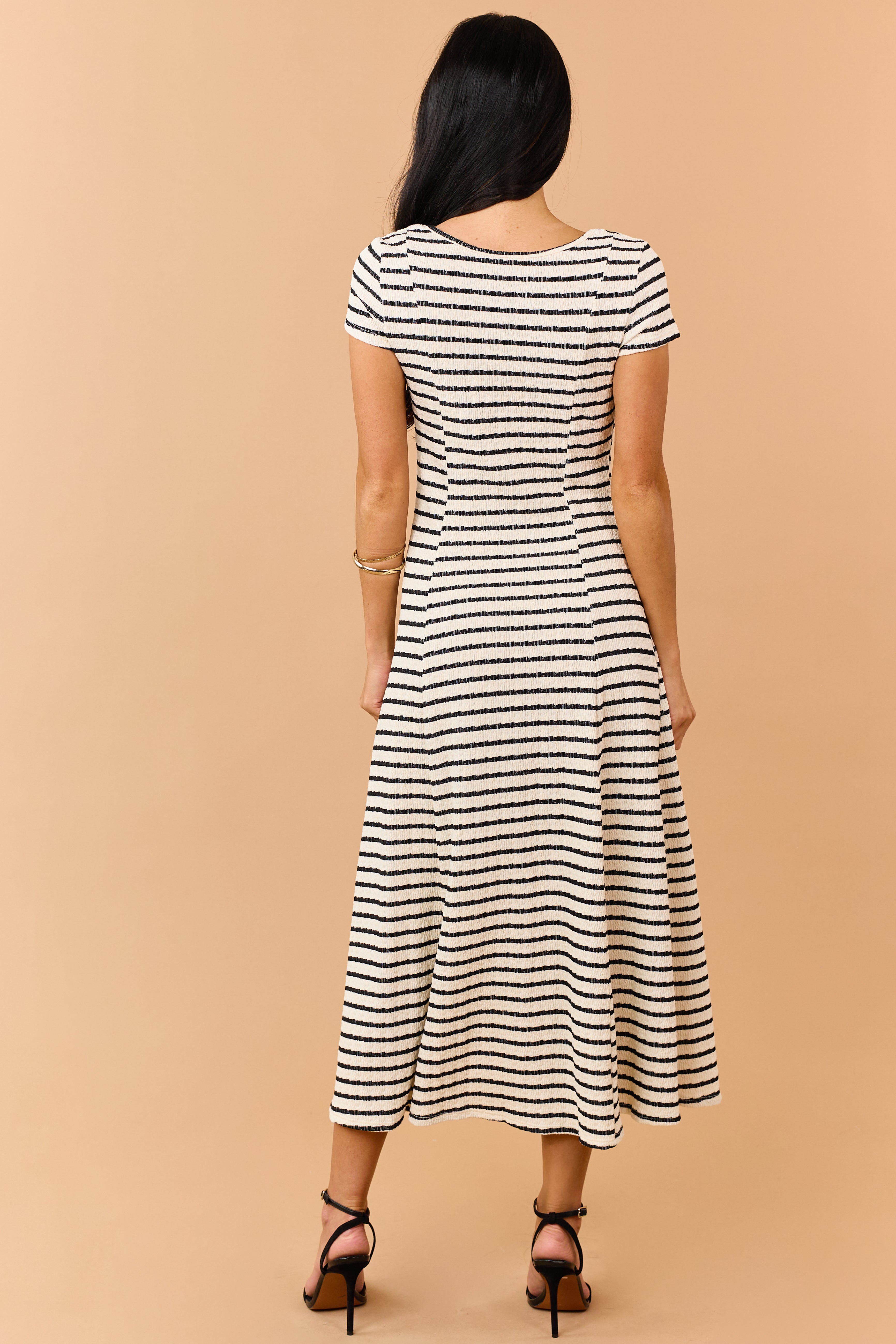 Cream Striped Textured Knit Faux Button Midi Dress