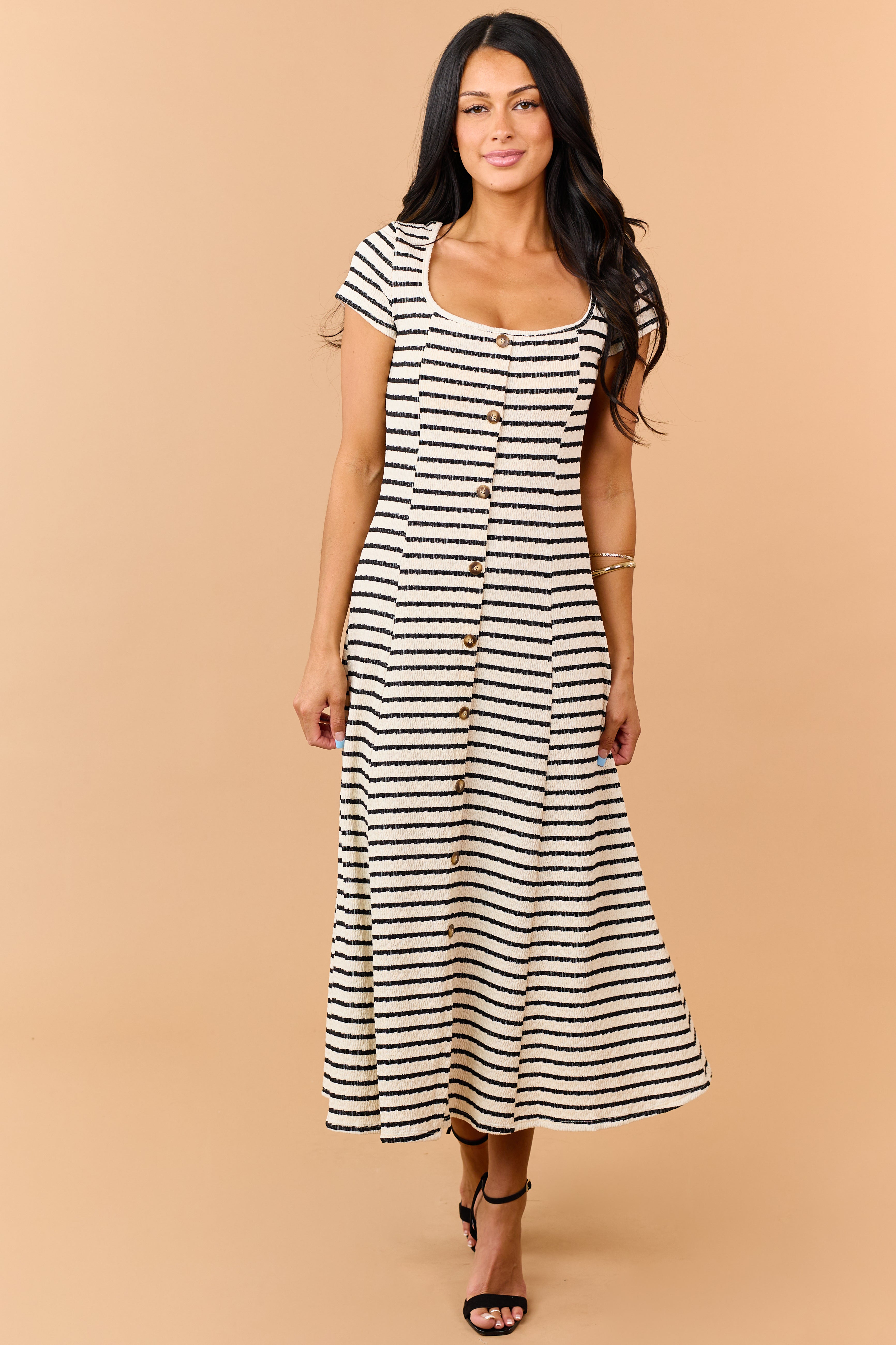 Cream Striped Textured Knit Faux Button Midi Dress