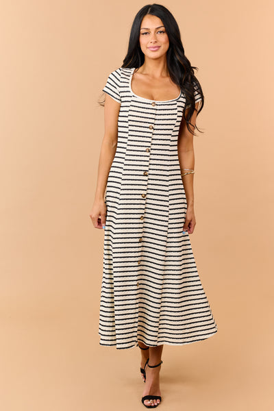 Cream Striped Textured Knit Faux Button Midi Dress
