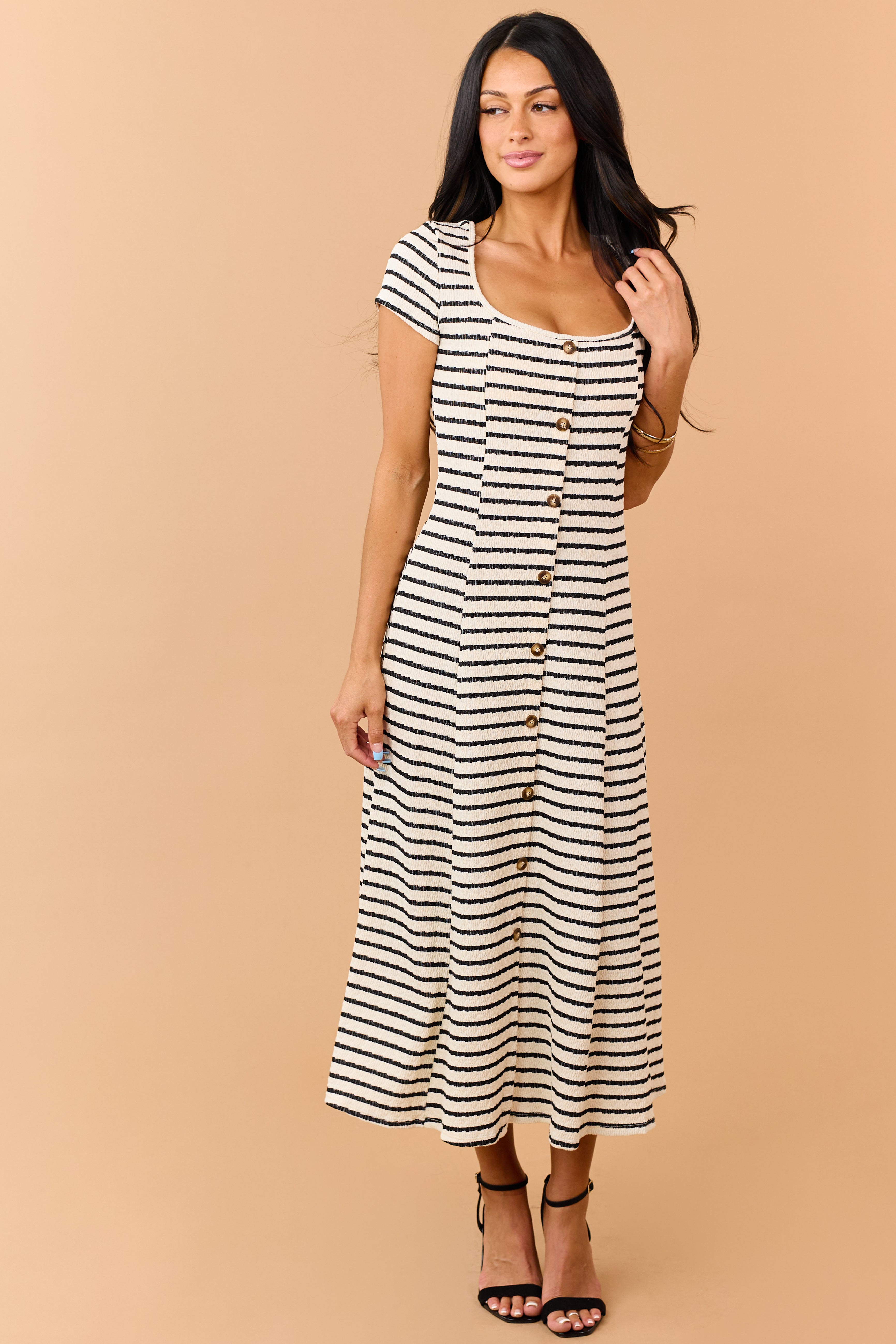 Cream Striped Textured Knit Faux Button Midi Dress