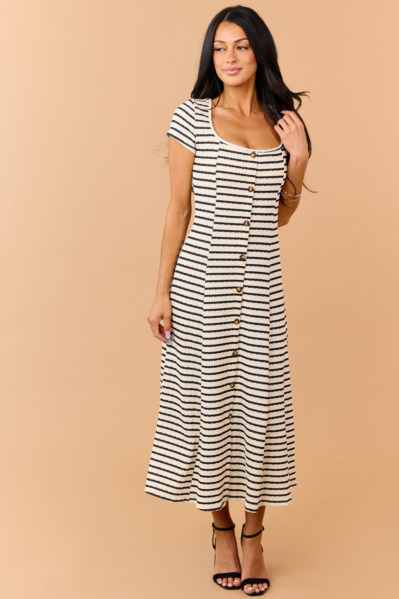 Cream Striped Textured Knit Faux Button Midi Dress