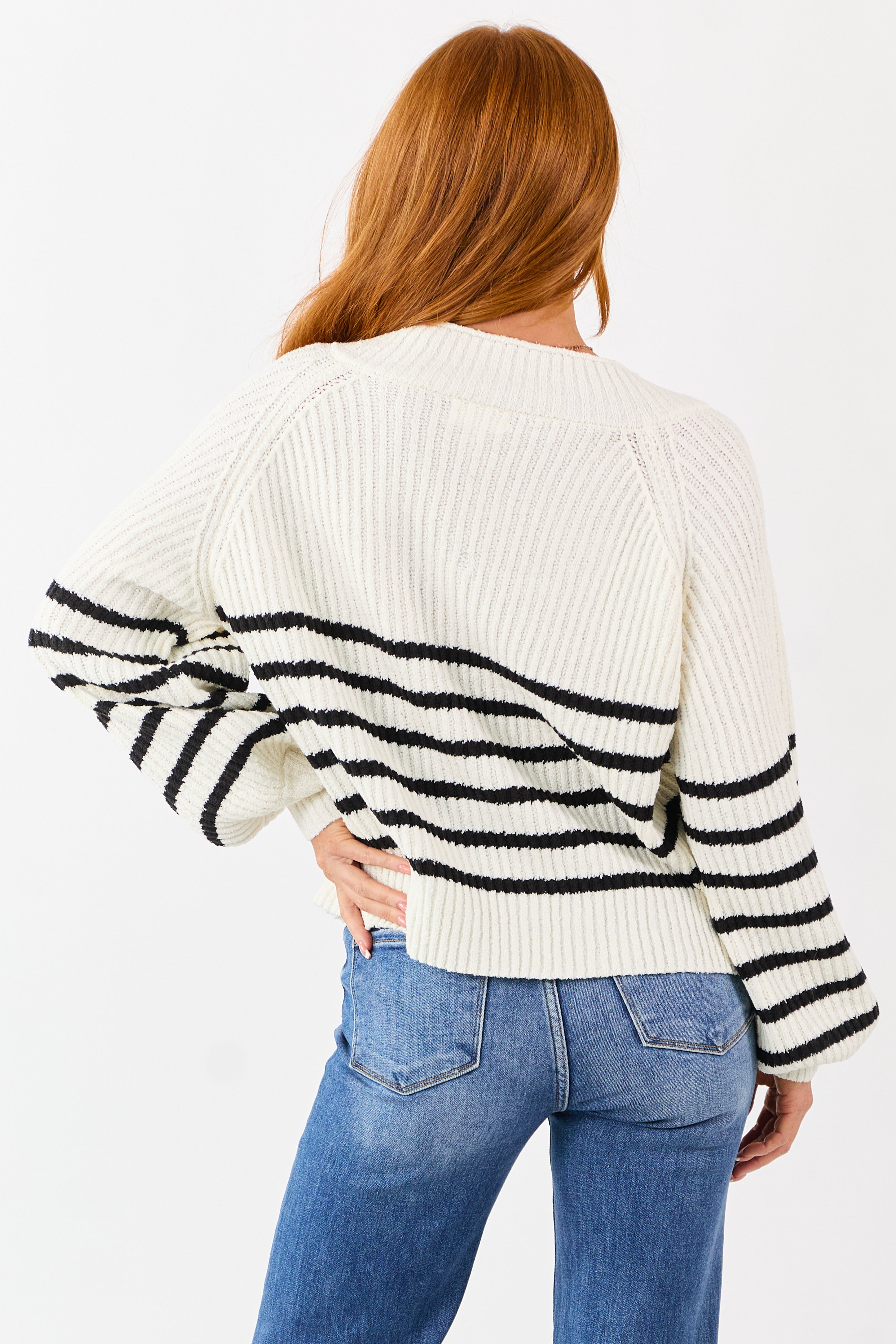 Cream Striped V-Neck Long Puff Sleeve Ribbed Sweater