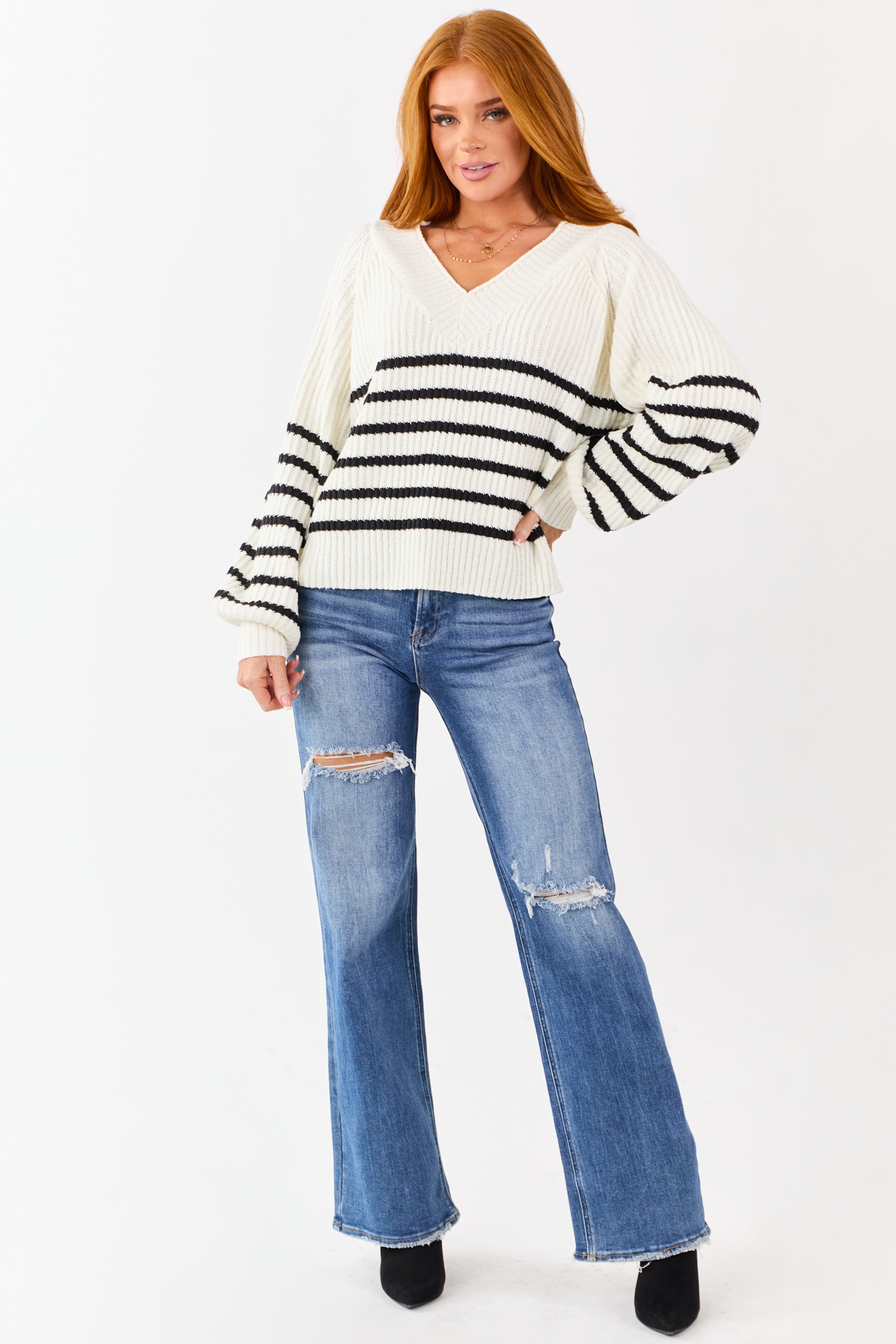 Cream Striped V-Neck Long Puff Sleeve Ribbed Sweater