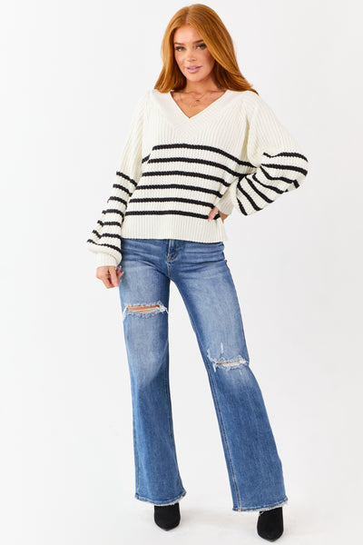 Cream Striped V-Neck Long Puff Sleeve Ribbed Sweater