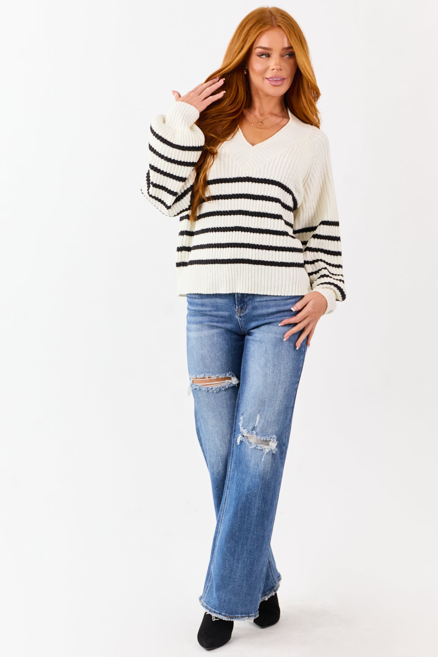 Cream Striped V-Neck Long Puff Sleeve Ribbed Sweater