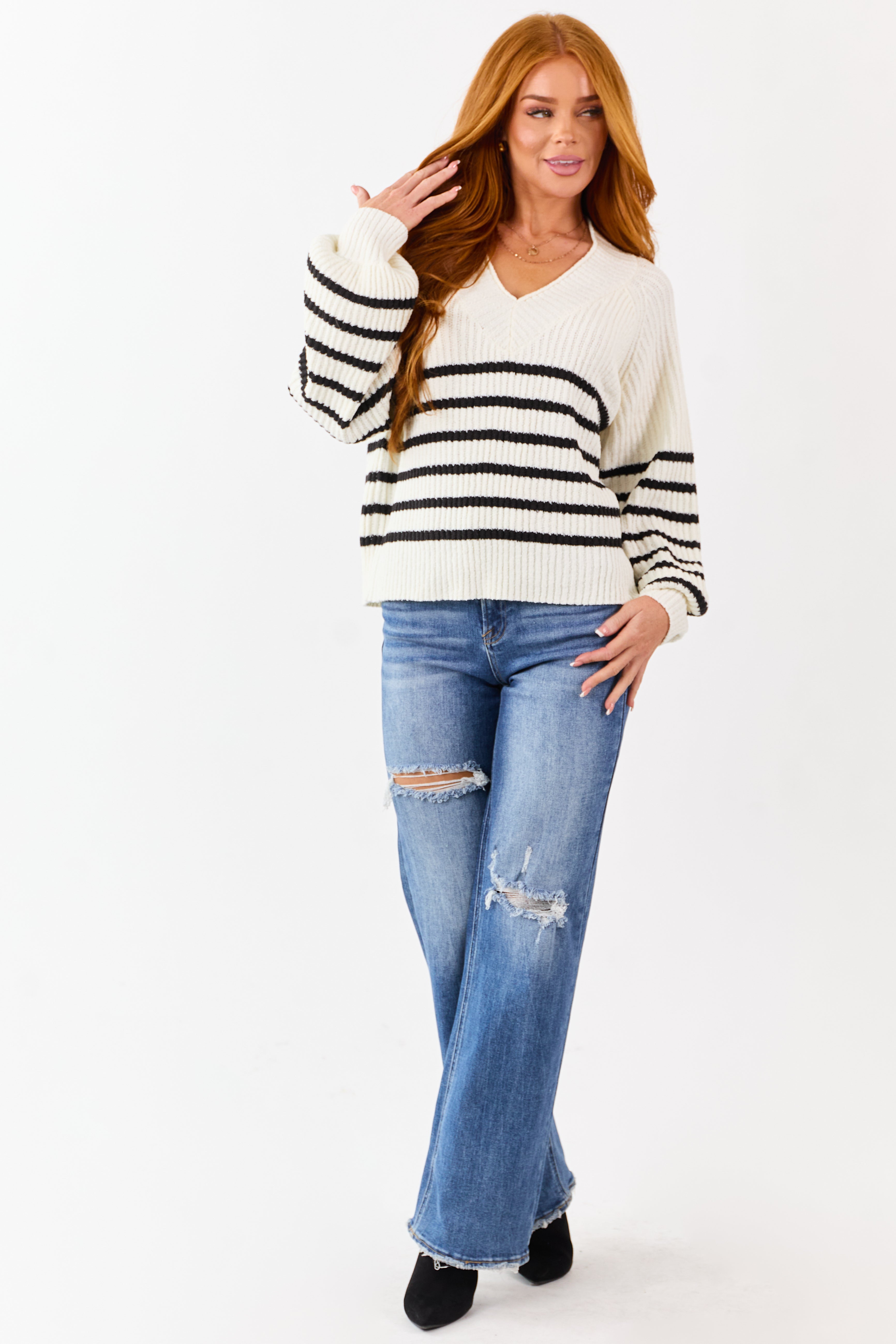 Cream Striped V-Neck Long Puff Sleeve Ribbed Sweater