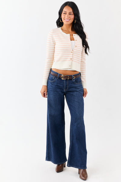 Cream Striped Wool Blend Knit Button Up Cardigan