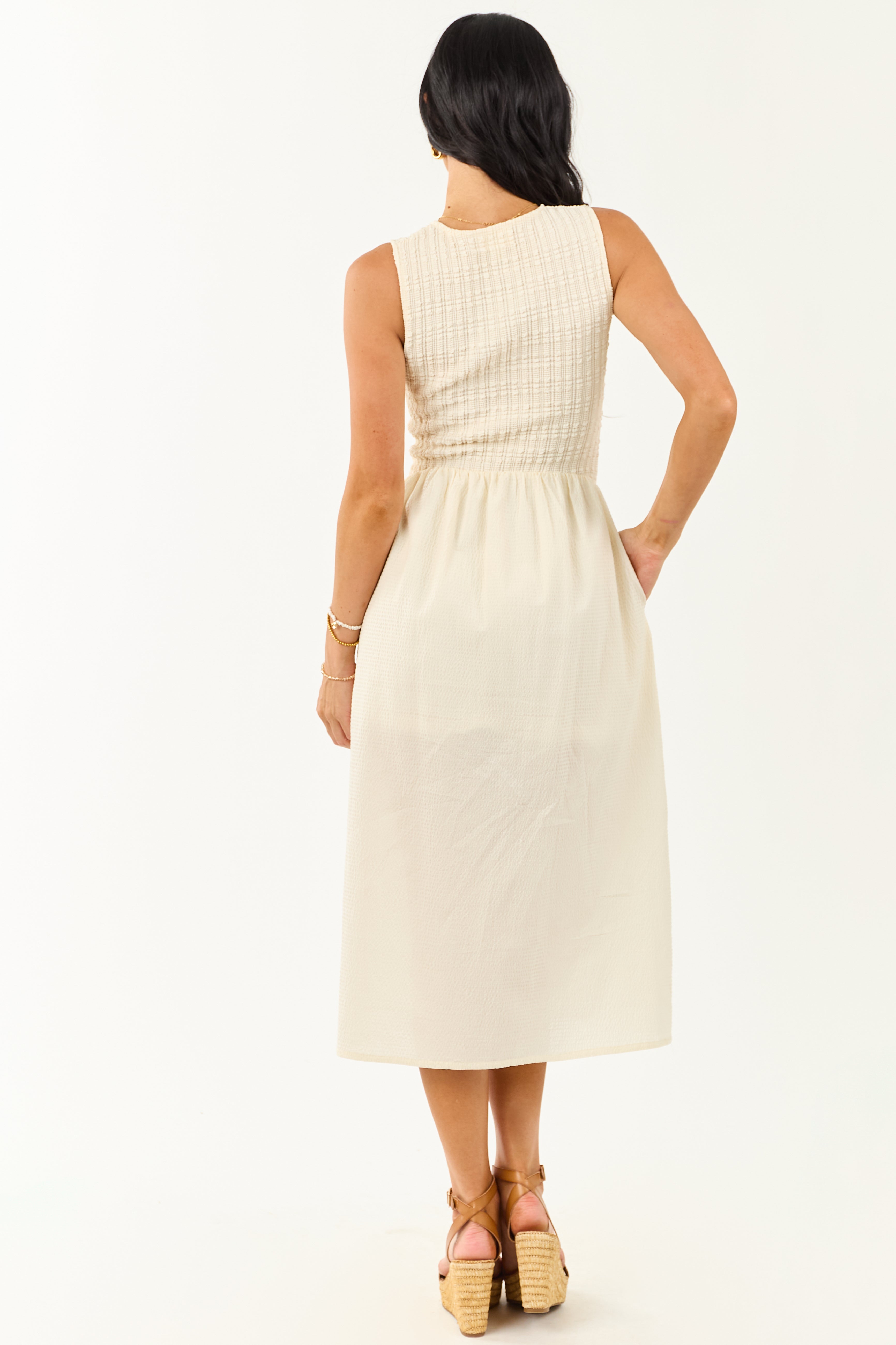 Cream Textured Bodice Contrast Skirt Midi Dress