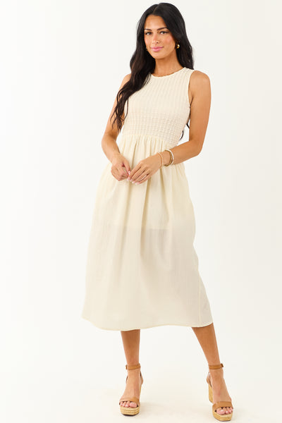 Cream Textured Bodice Contrast Skirt Midi Dress
