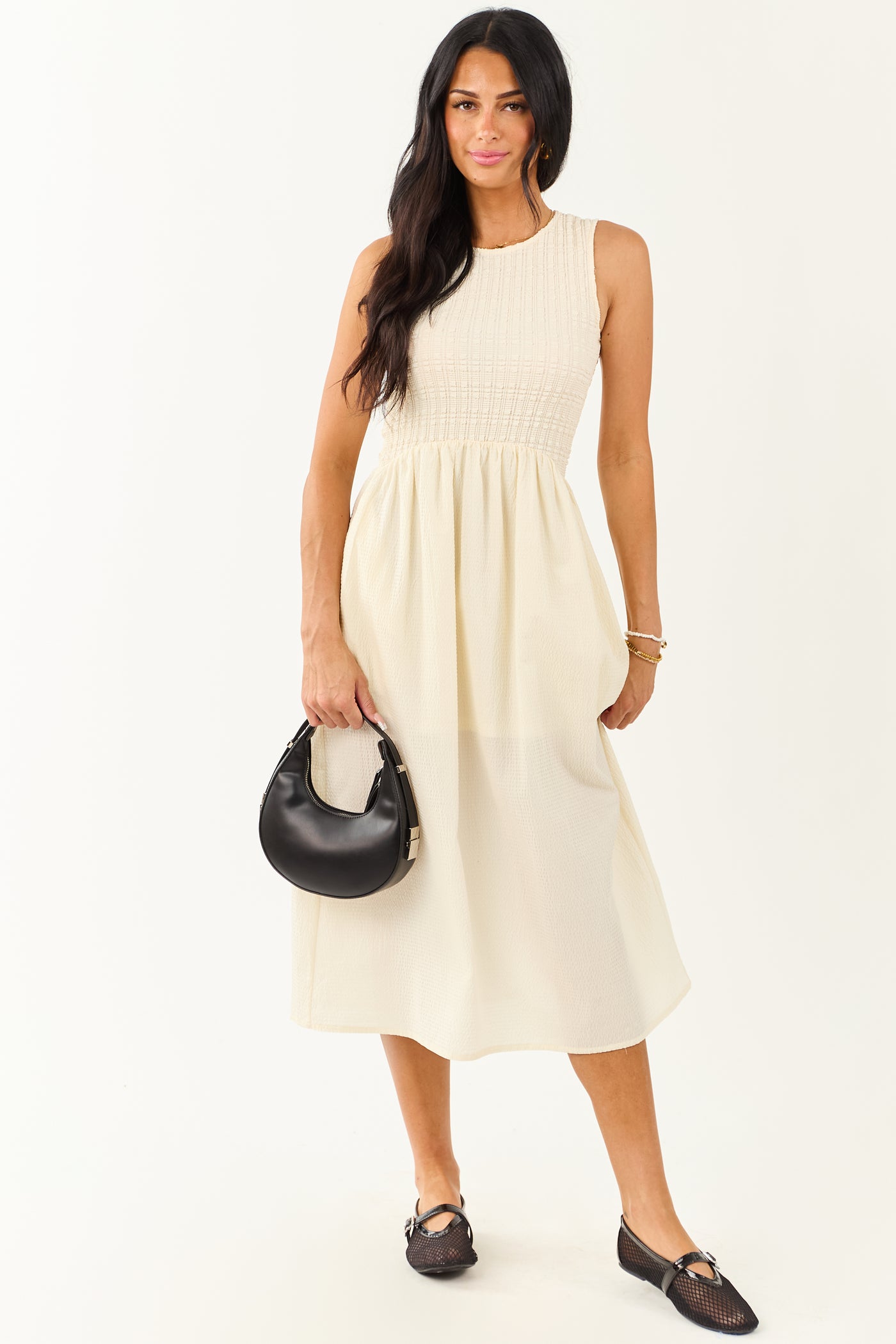 Cream Textured Bodice Contrast Skirt Midi Dress
