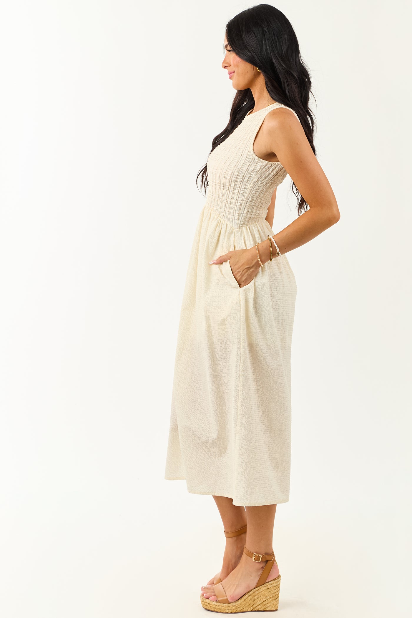 Cream Textured Bodice Contrast Skirt Midi Dress