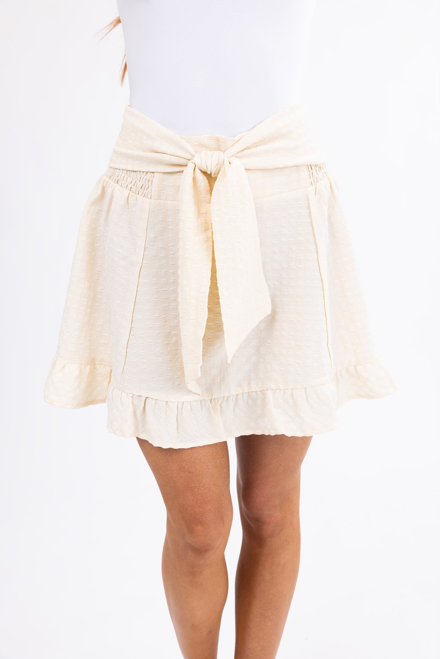 Cream Textured Bow Waist Mini Skirt