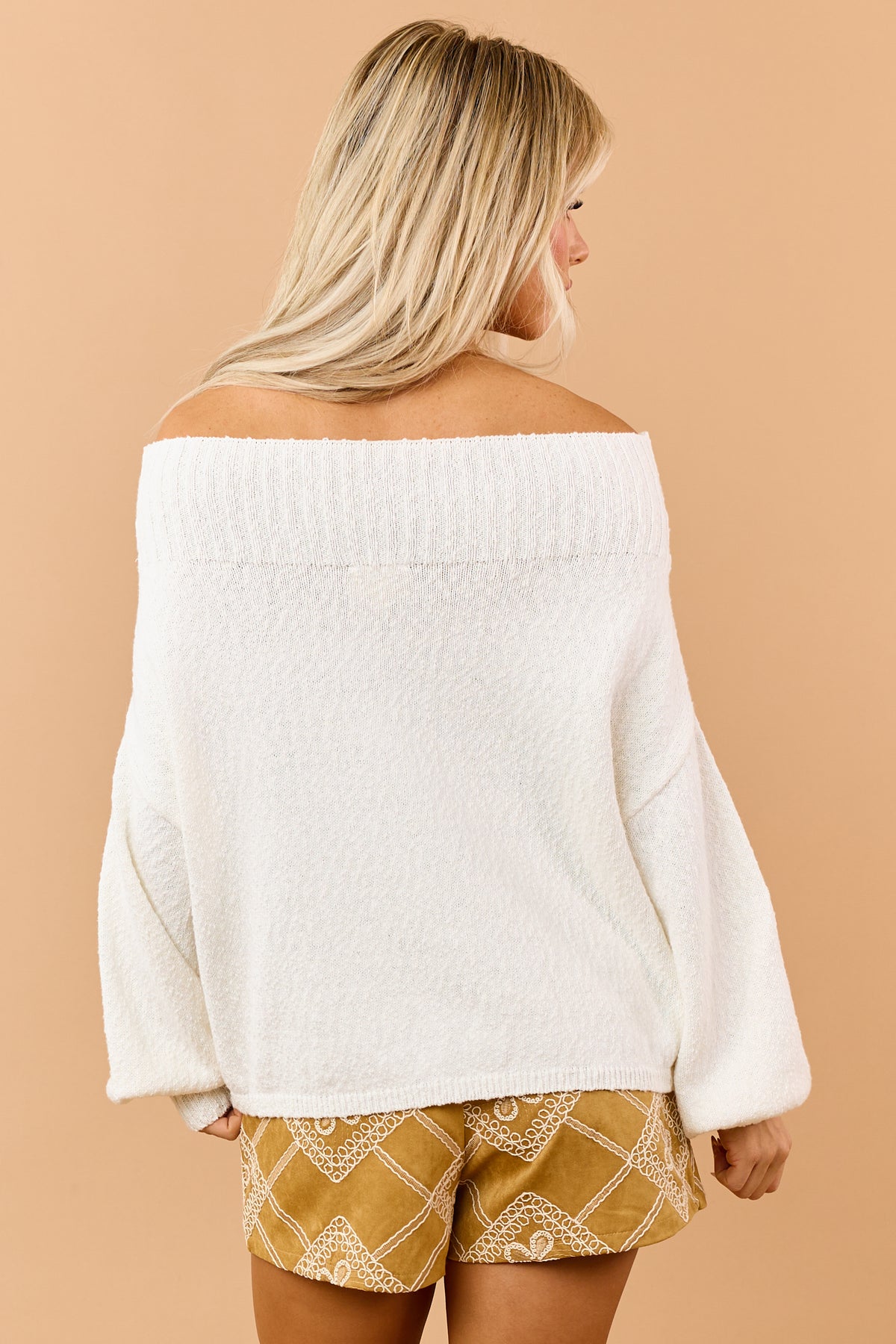 Cream Textured Cotton Knit Off Shoulder Sweater