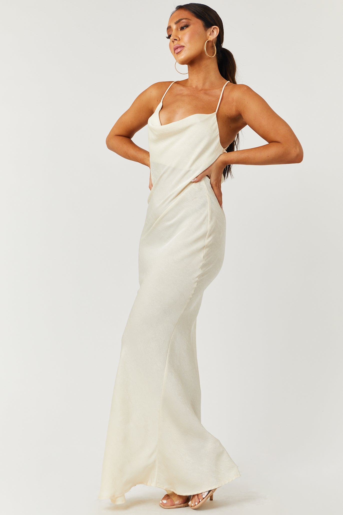 Cream Textured Cowl Neckline Maxi Dress