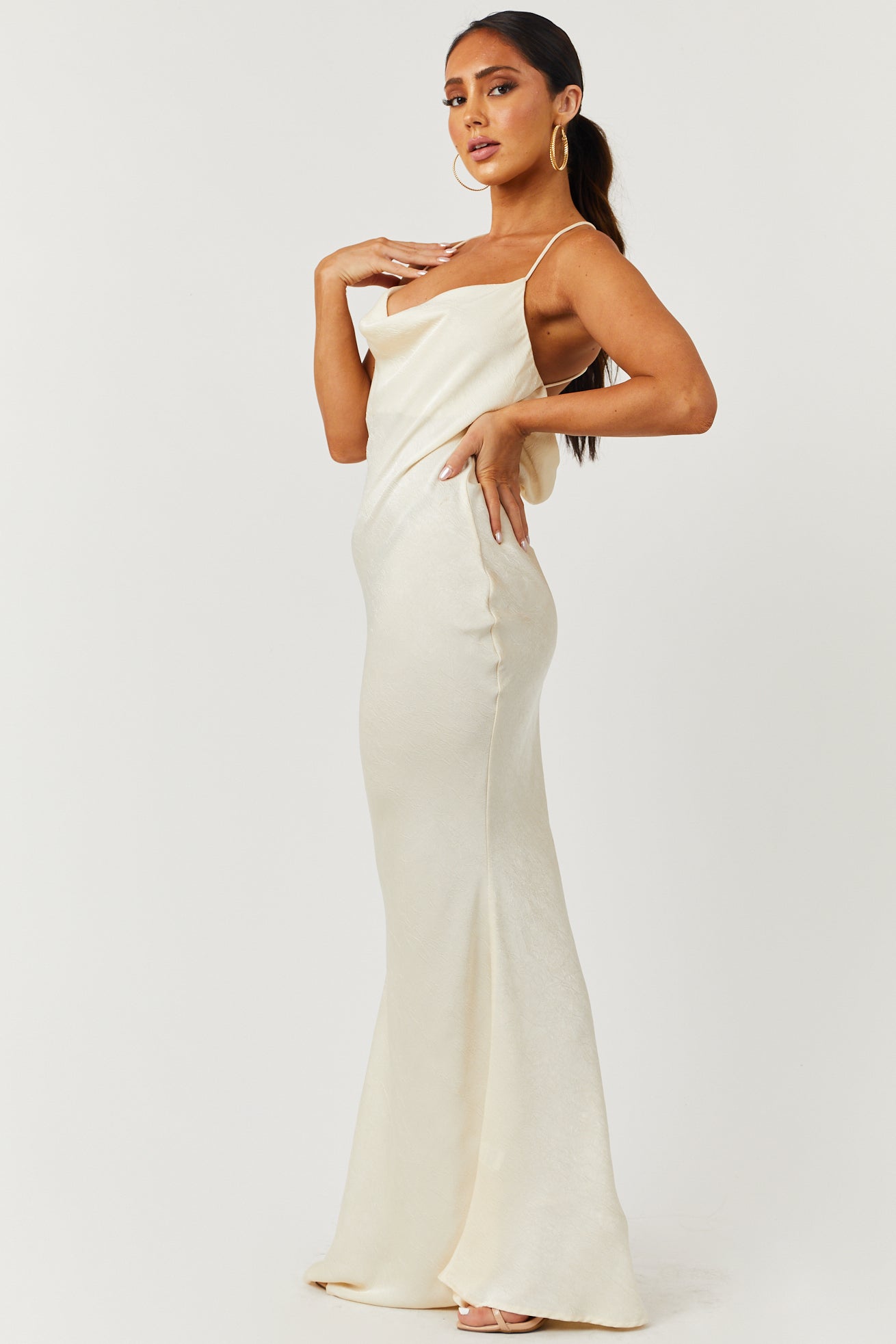 Cream Textured Cowl Neckline Maxi Dress