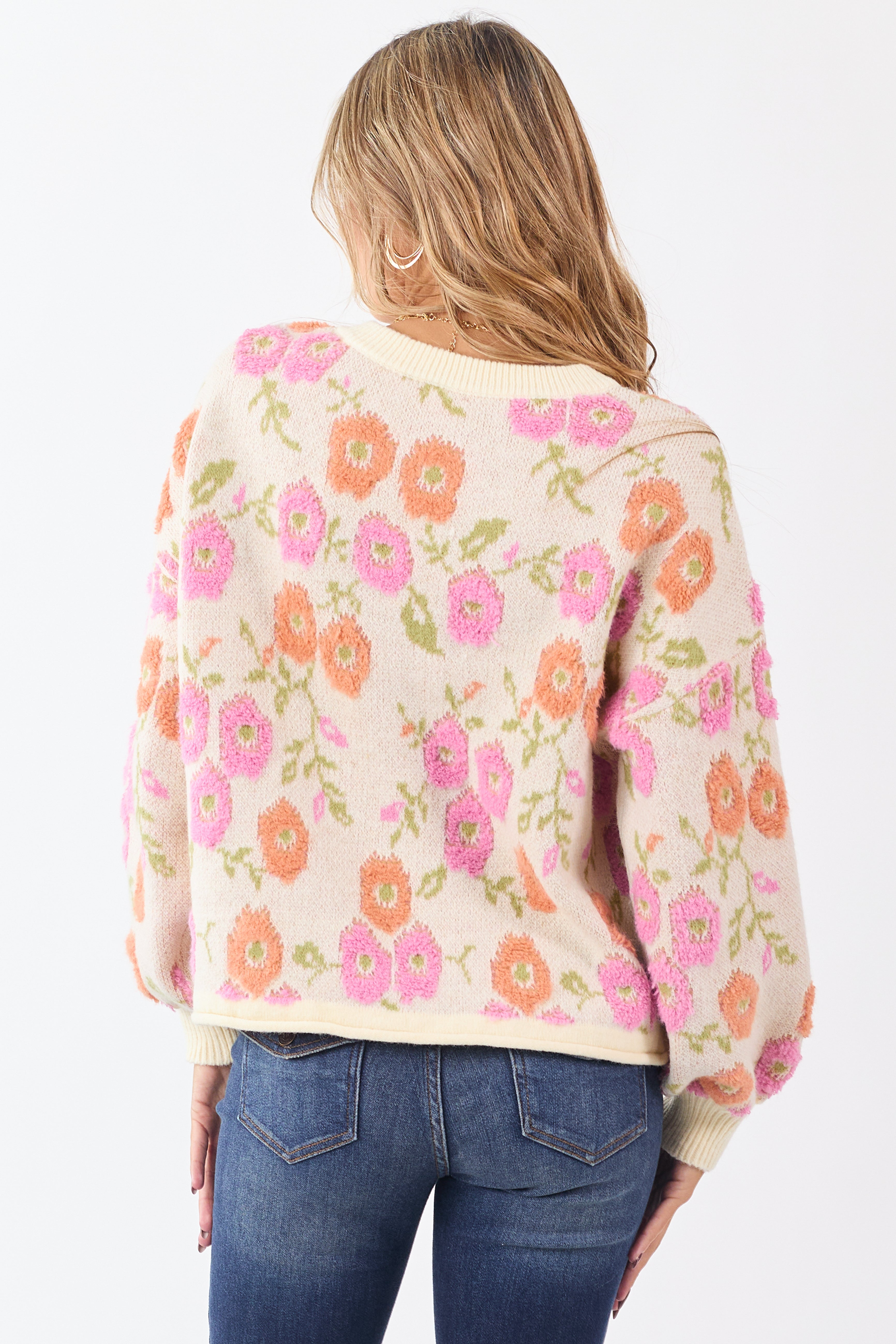 Cream Textured Floral Long Sleeve Sweater