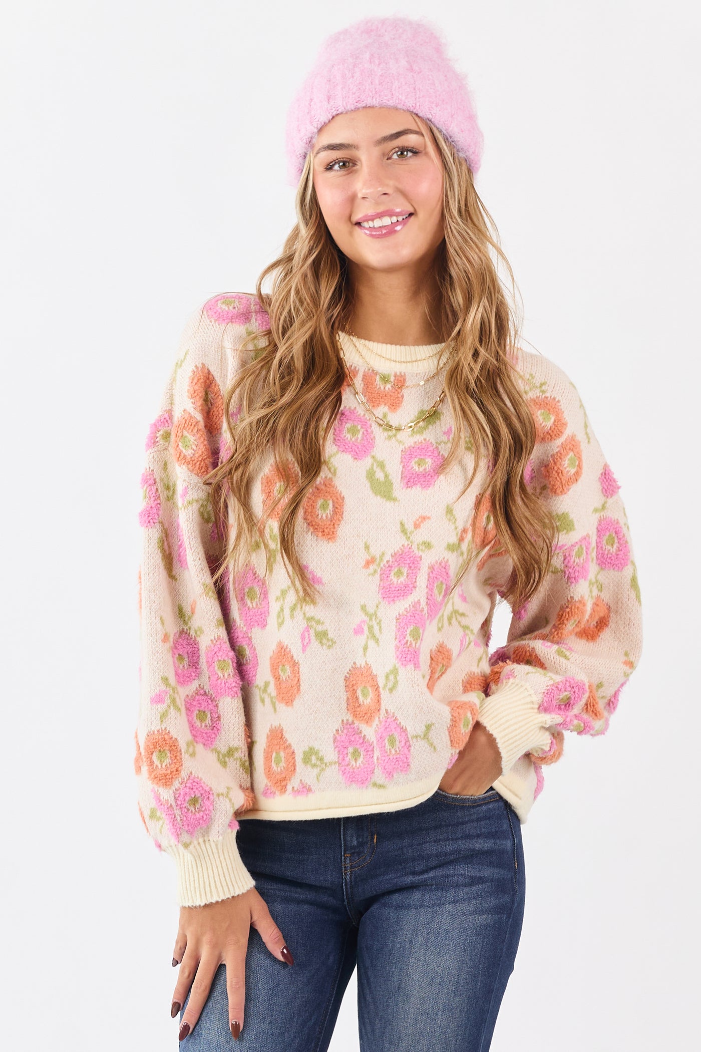 Cream Textured Floral Long Sleeve Sweater