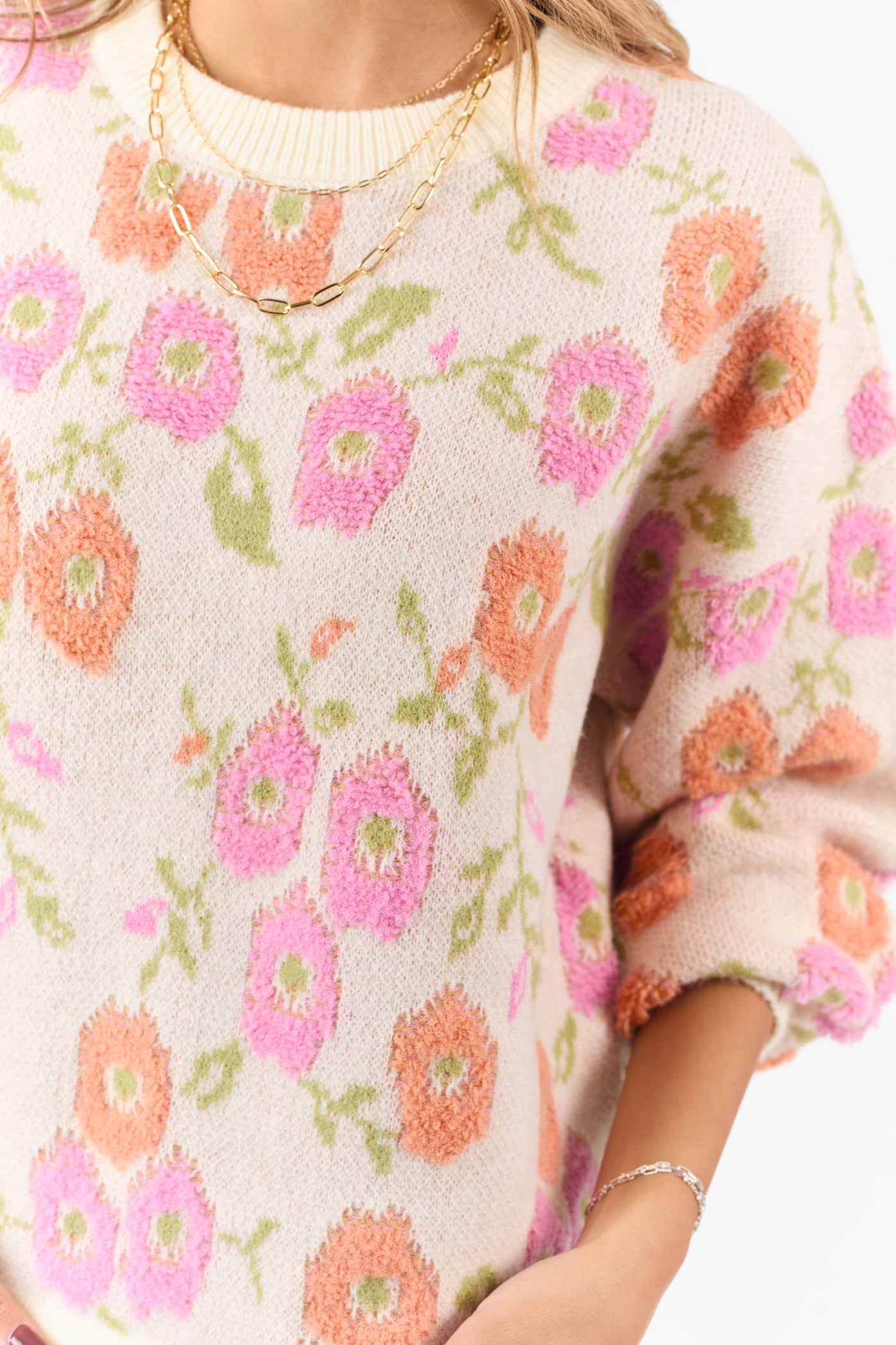 Cream Textured Floral Long Sleeve Sweater