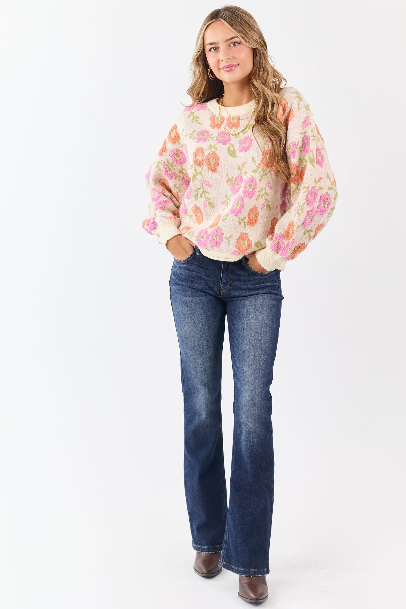 Cream Textured Floral Long Sleeve Sweater