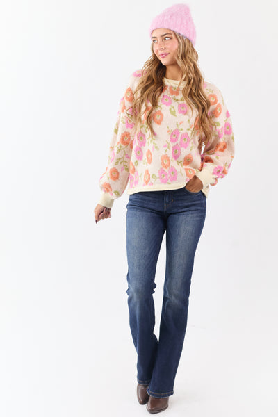 Cream Textured Floral Long Sleeve Sweater