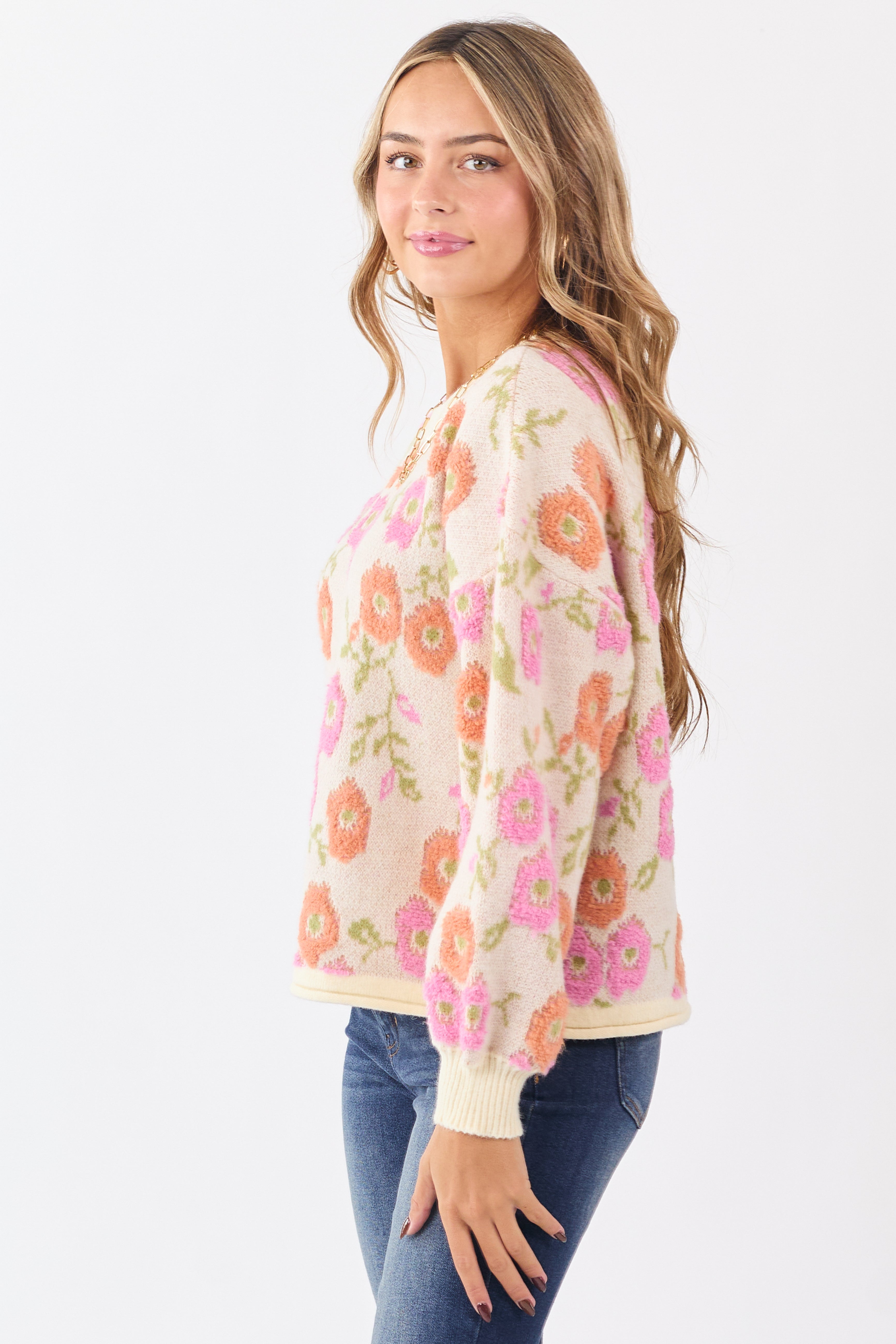 Cream Textured Floral Long Sleeve Sweater